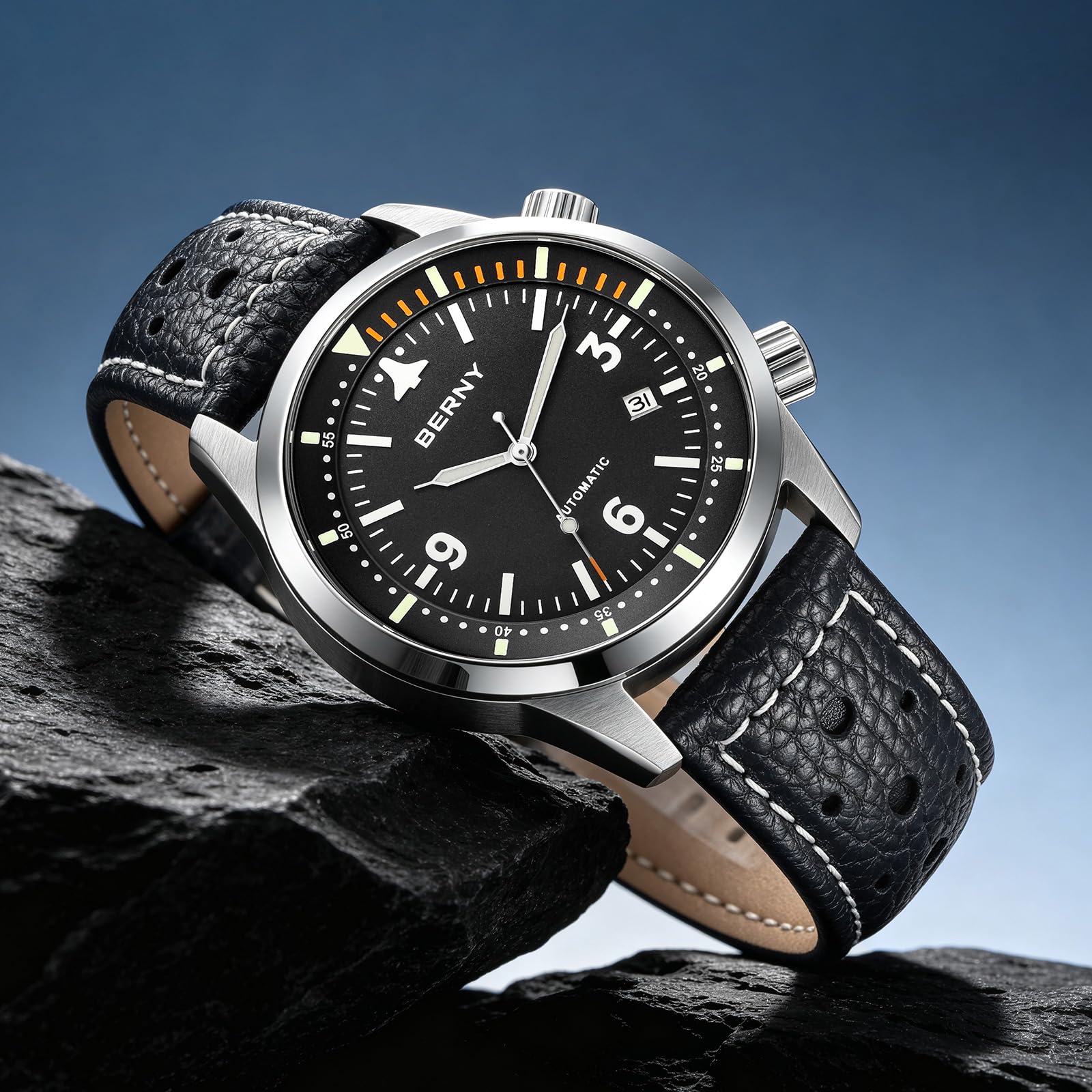 Berny Aviation orologio automatico uomo nero ST1612 pilota