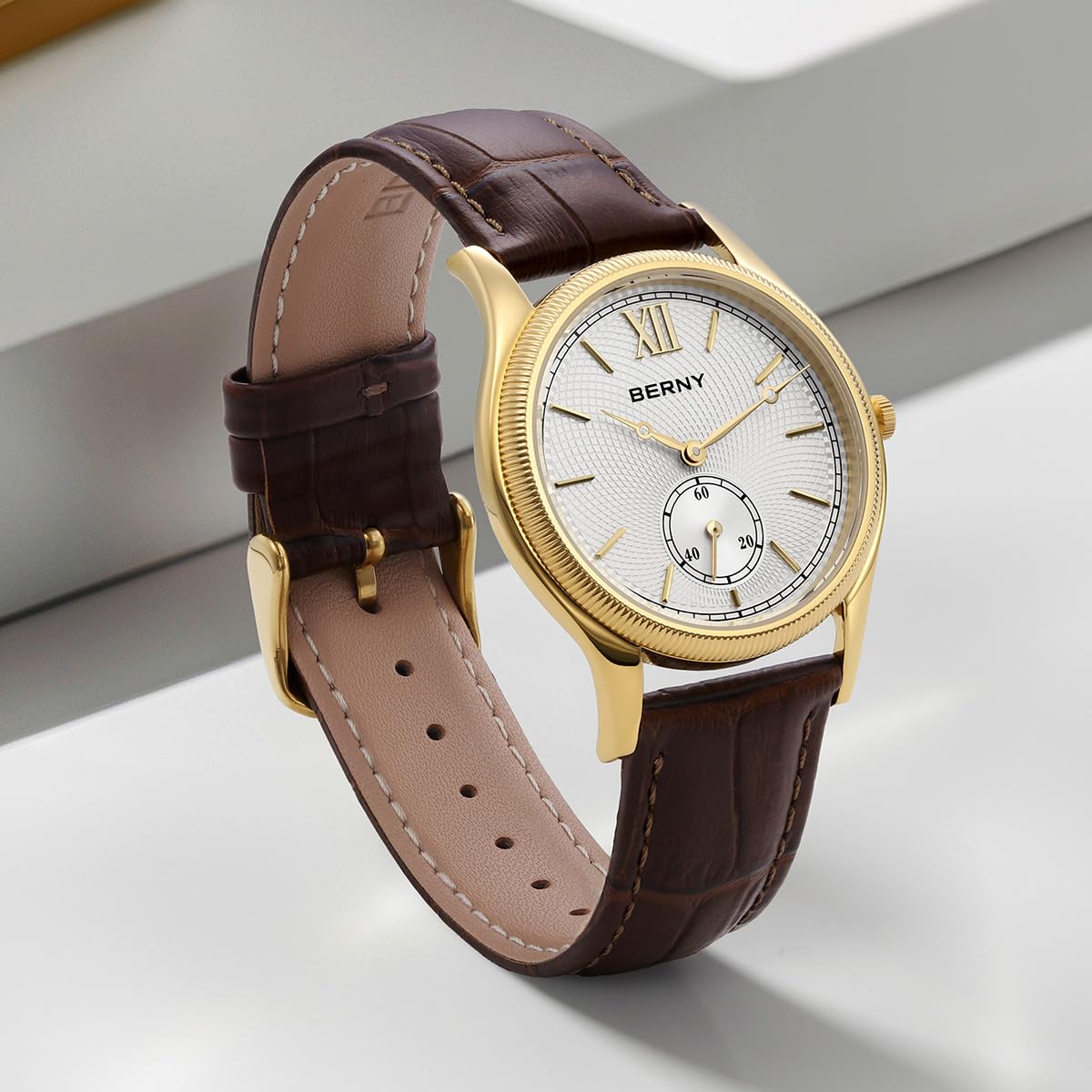 Berny Orologio Uomo Argento Pelle Vera Vintage Quarzo