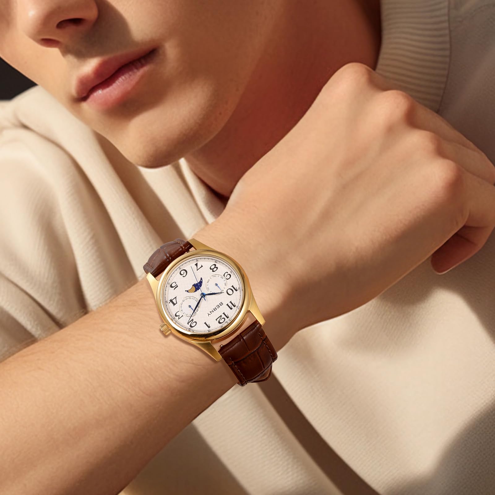 Berny Moon Phase orologio quarzo uomo oro pelle