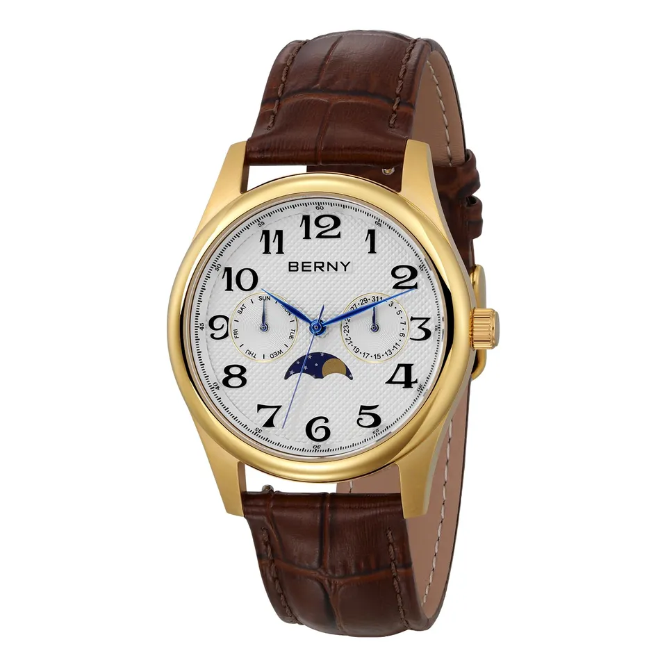Berny Moon Phase orologio quarzo uomo oro pelle