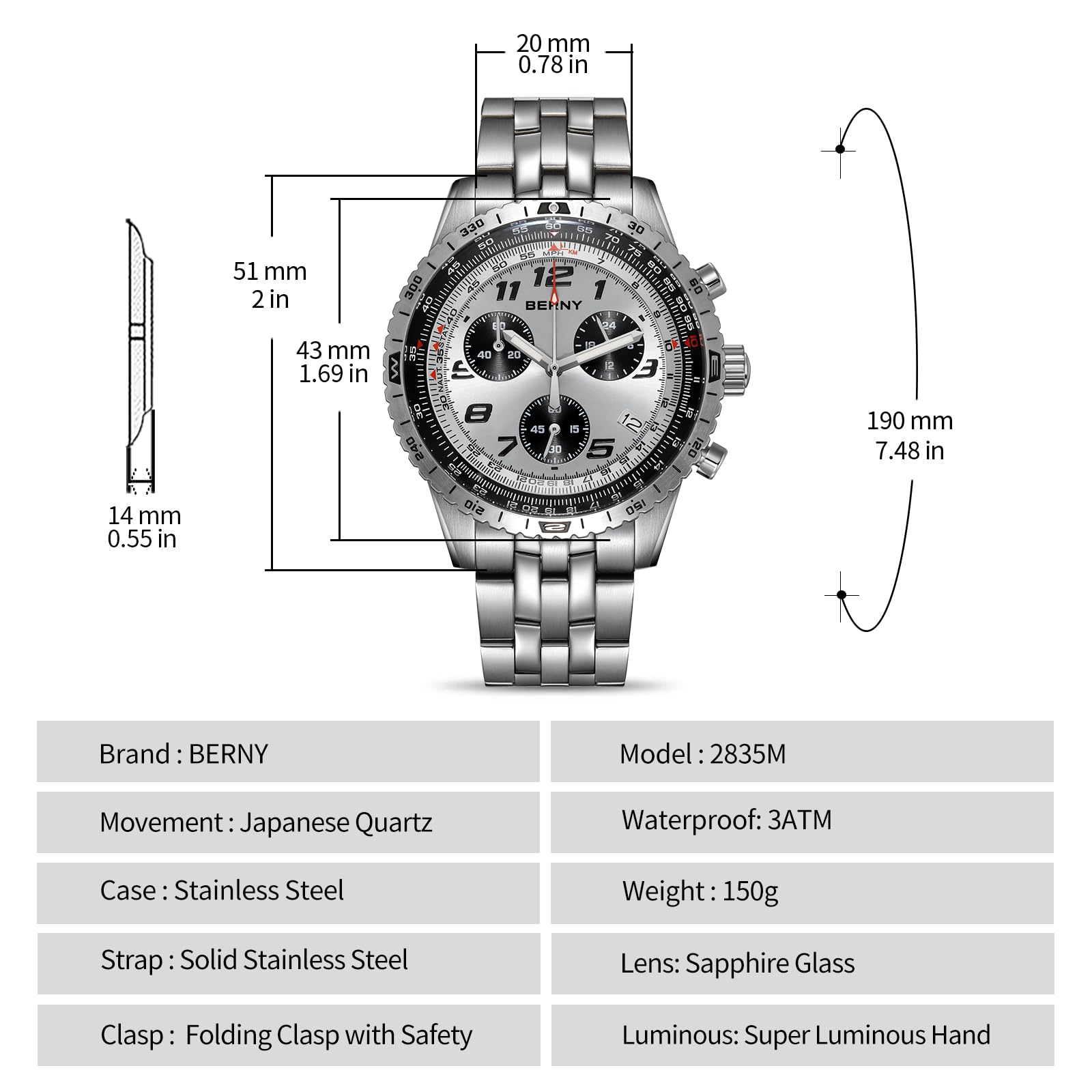 Berny Orologio Uomo Cronografo Sportivo Tre Quadranti