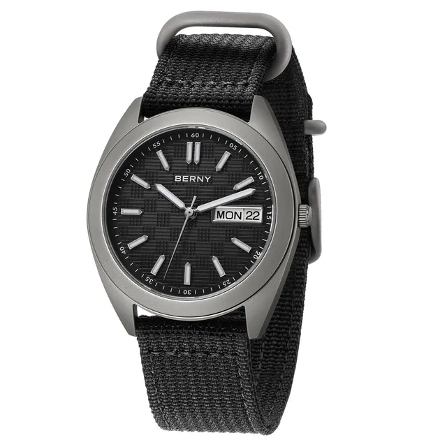 Berny Titanio Orologio Uomo Tela Nero 10ATM Luminoso