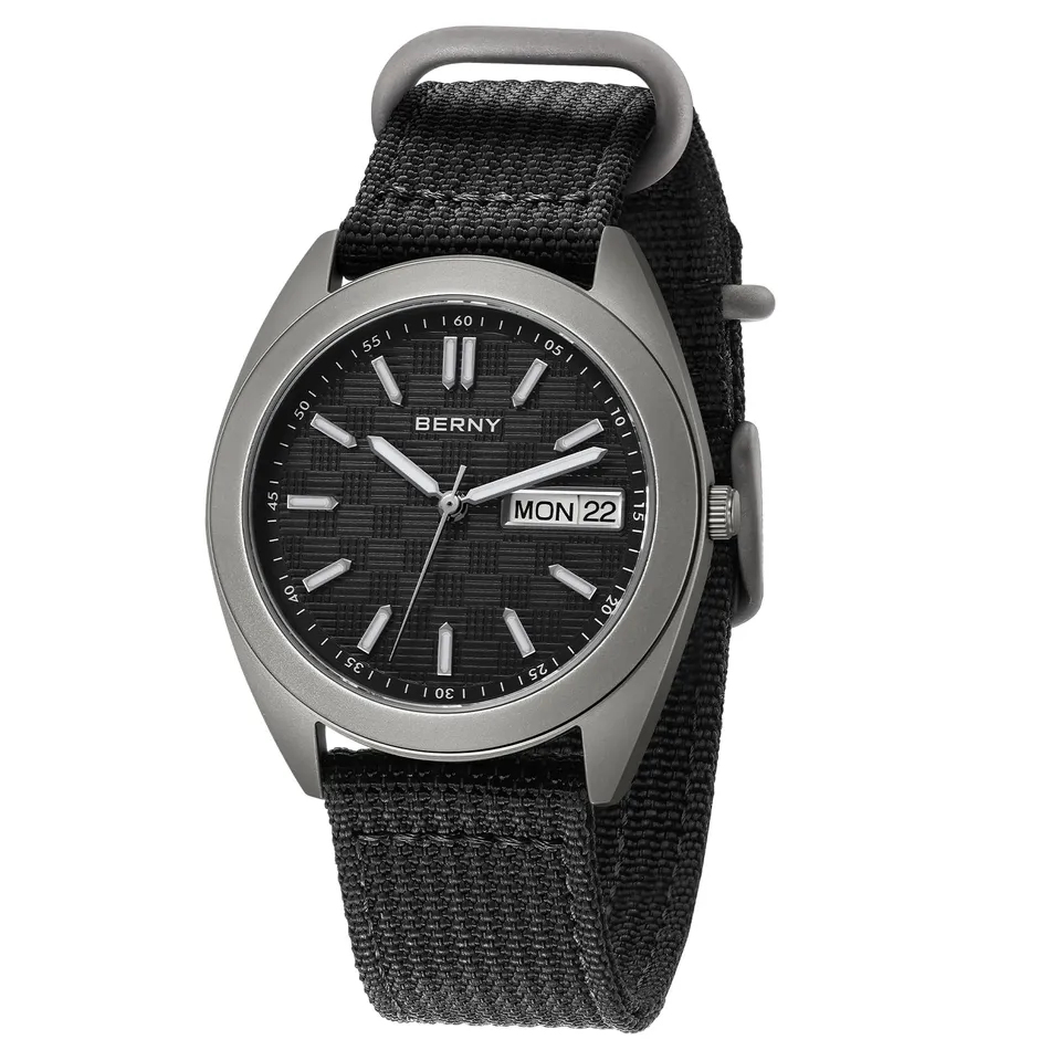 Berny Titanio Orologio Uomo Tela Nero 10ATM Luminoso