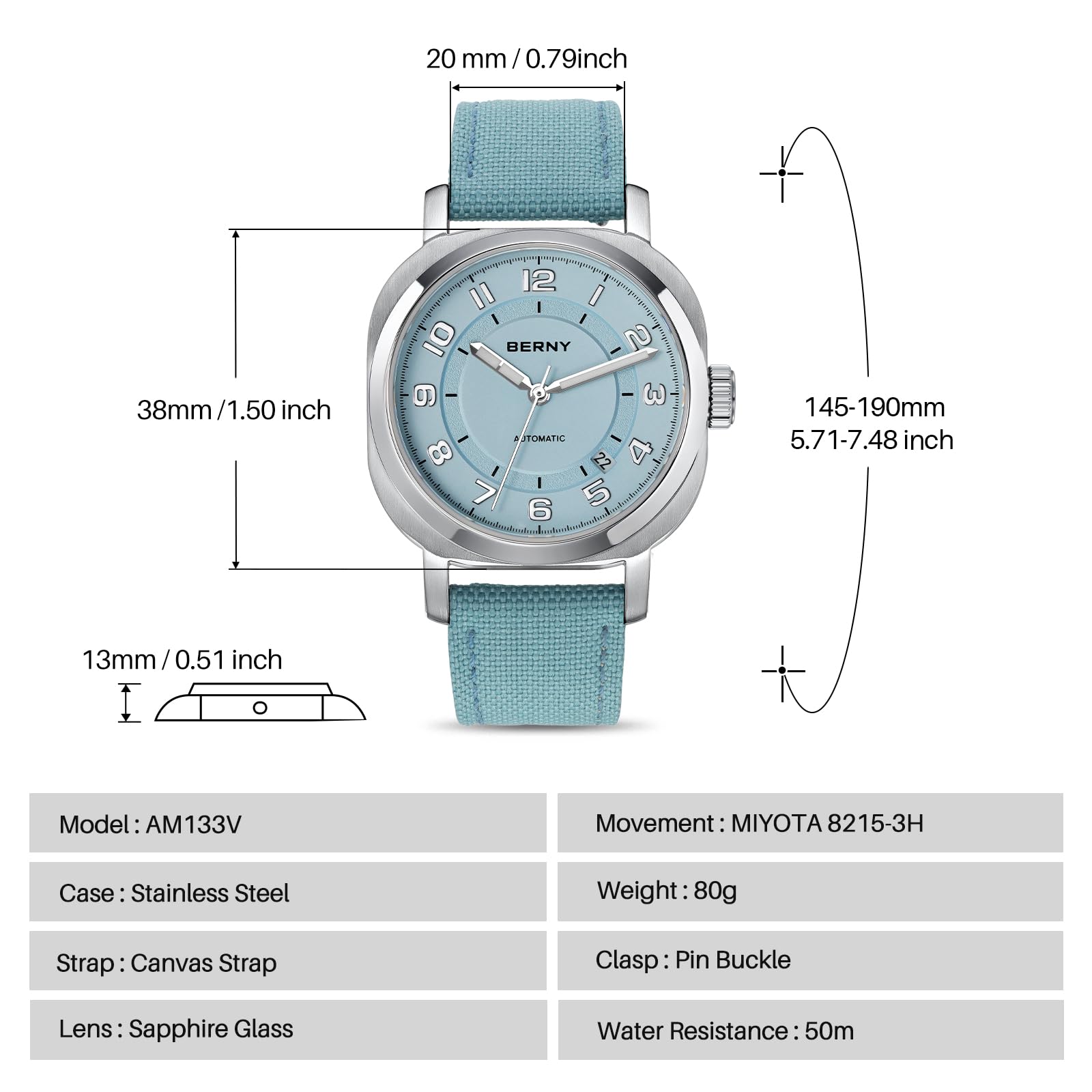 Berny Orologio Donna Azzurro Automatico Acciaio