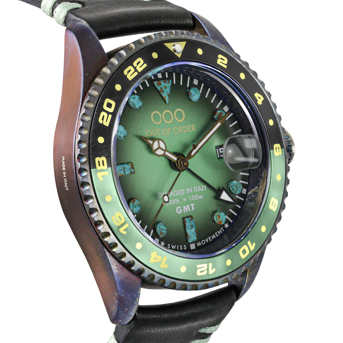 Out Of Order GMT New York Green orologio GMT 44 mm pelle