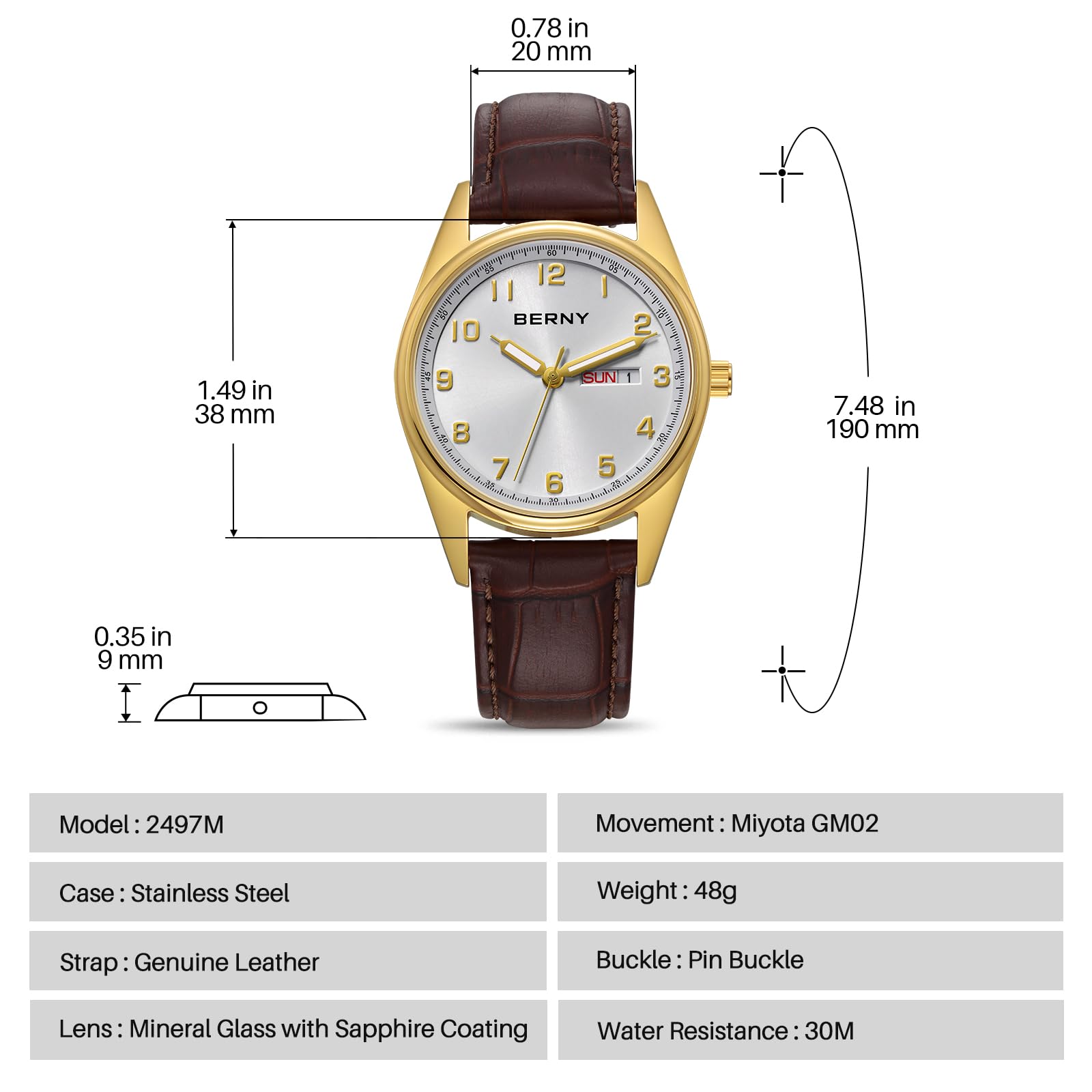 Berny orologio uomo quarzo oro-bianco numeri arabi 3D