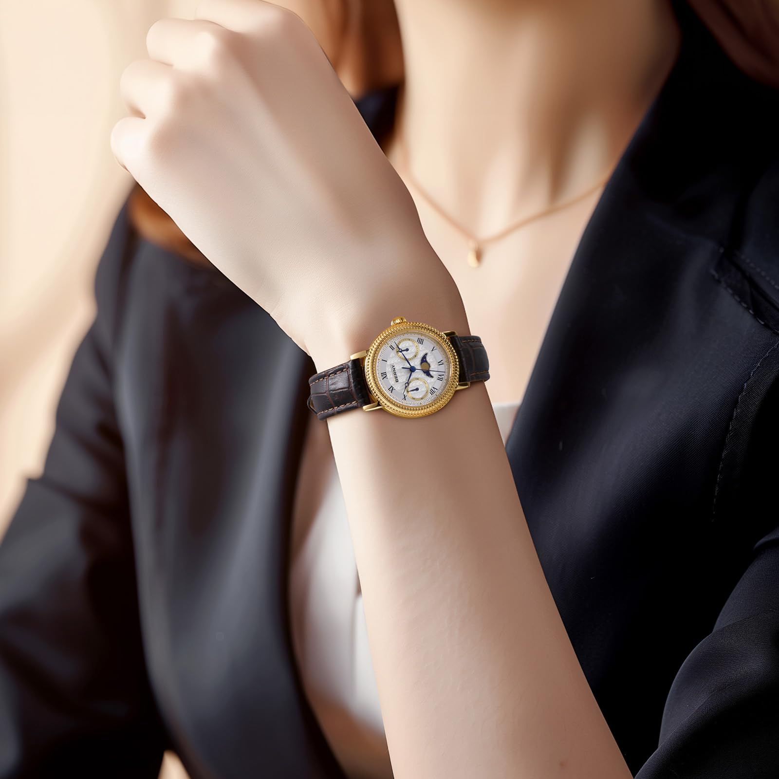 Berny Orologio Donna Fasi Lunari Oro e Bianco Pelle