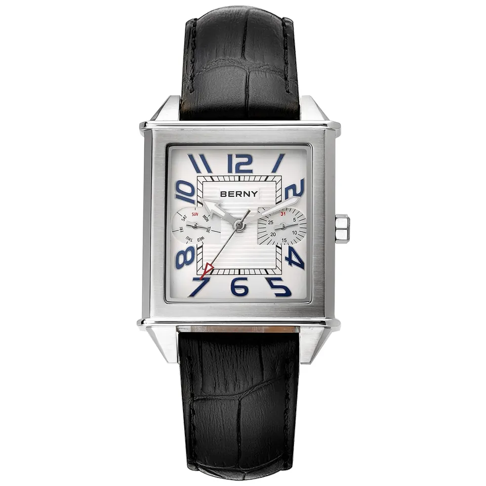 Berny Orologio Uomo Quadrato Quarzo Bianco Pelle
