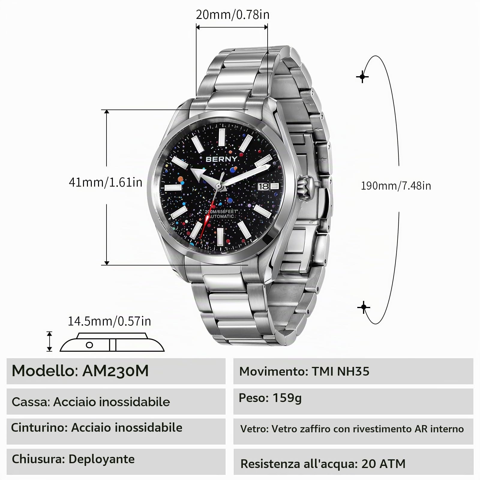 Berny Diver Collection orologio automatico uomo 20 ATM zaffiro
