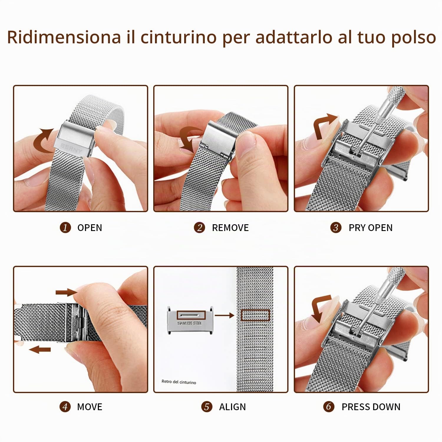 Berny Milanese Cinturino Orologio 22mm Argento Acciaio