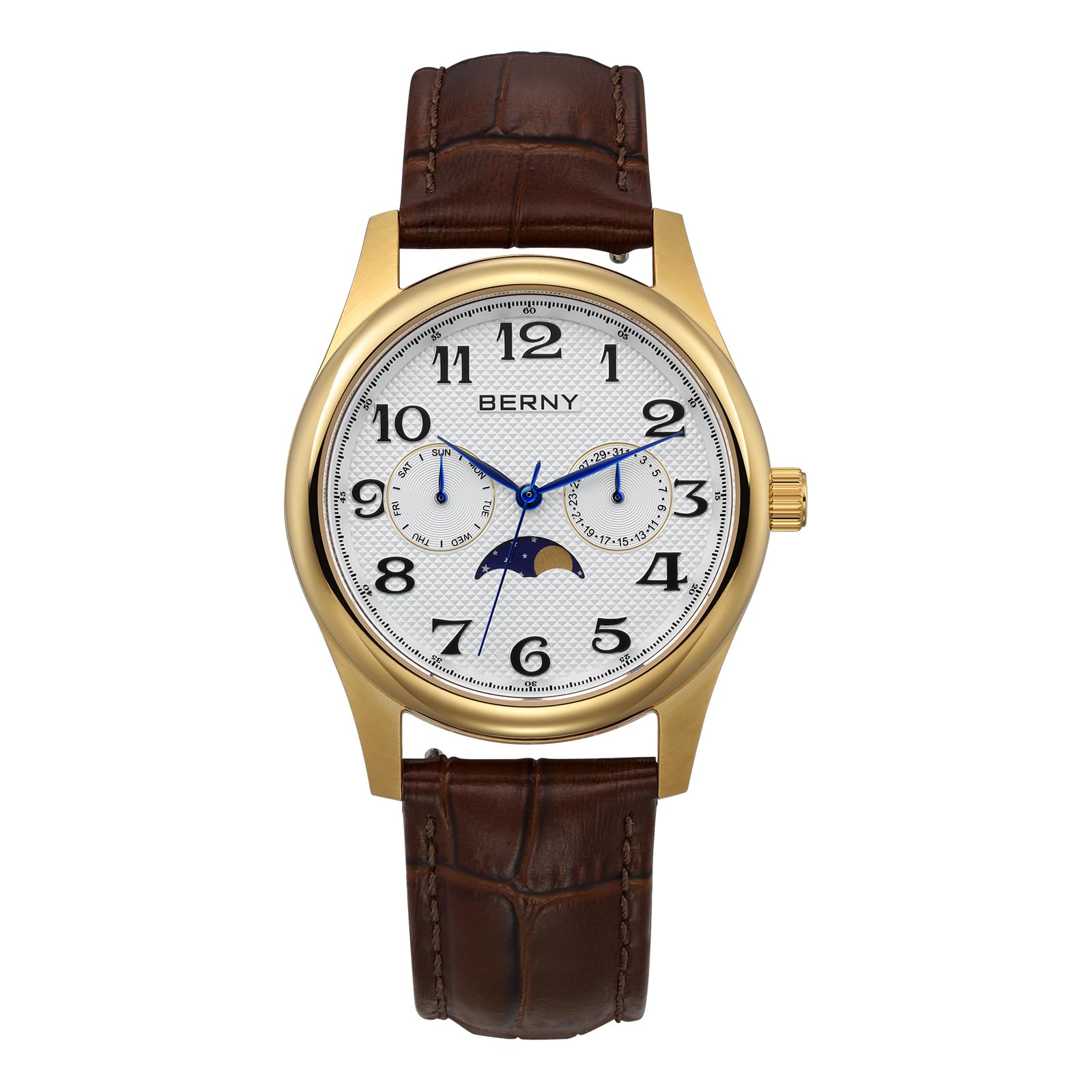 Berny Moon Phase orologio quarzo uomo oro pelle
