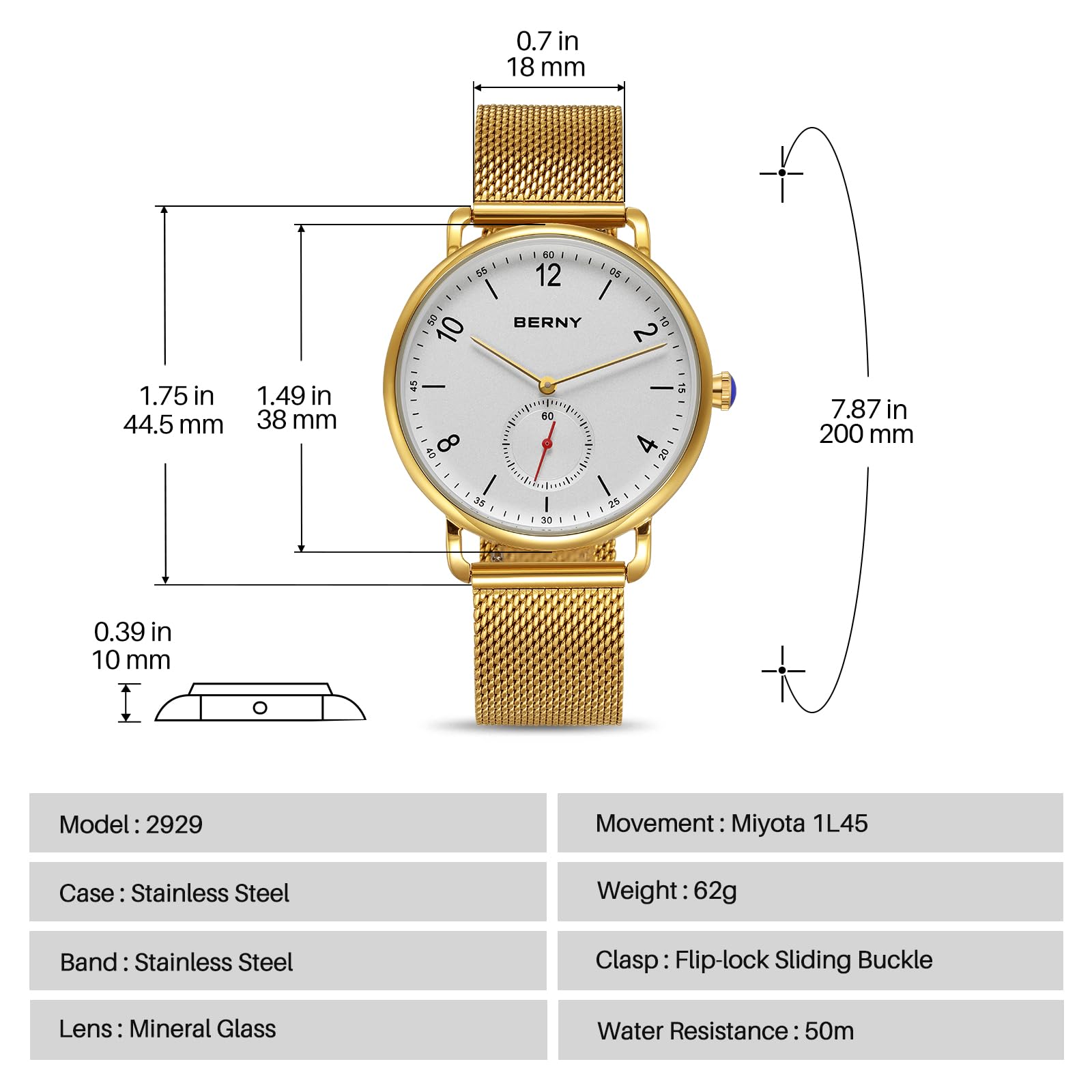 Berny Orologio Unisex Oro Quadrante Bianco Quarzo