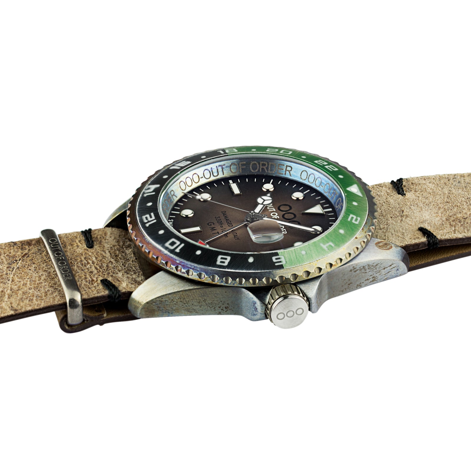 Out Of Order Swiss GMT Dubai orologio pelle verde 44 mm