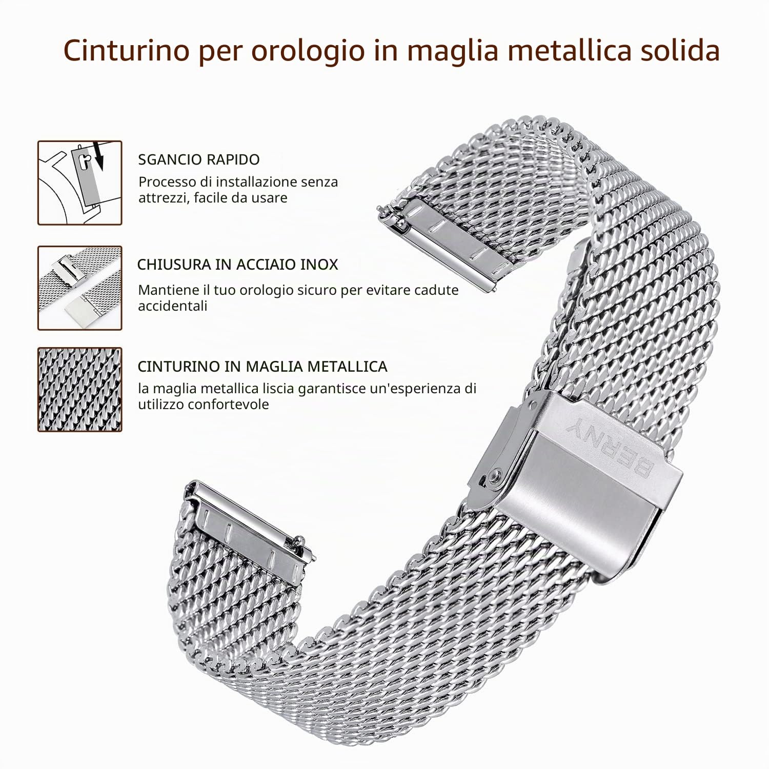 Berny Milanese Cinturino Orologio 22mm Argento Acciaio
