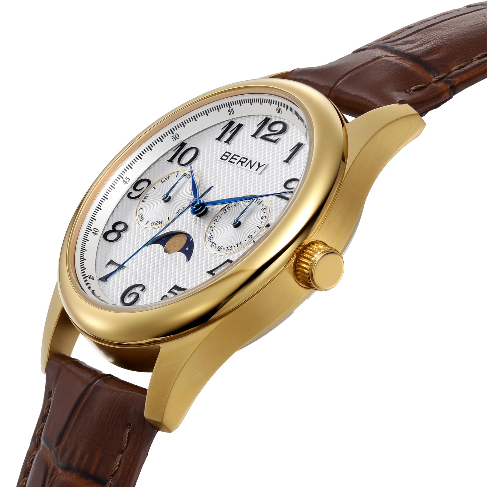 Berny Moon Phase orologio quarzo uomo oro pelle