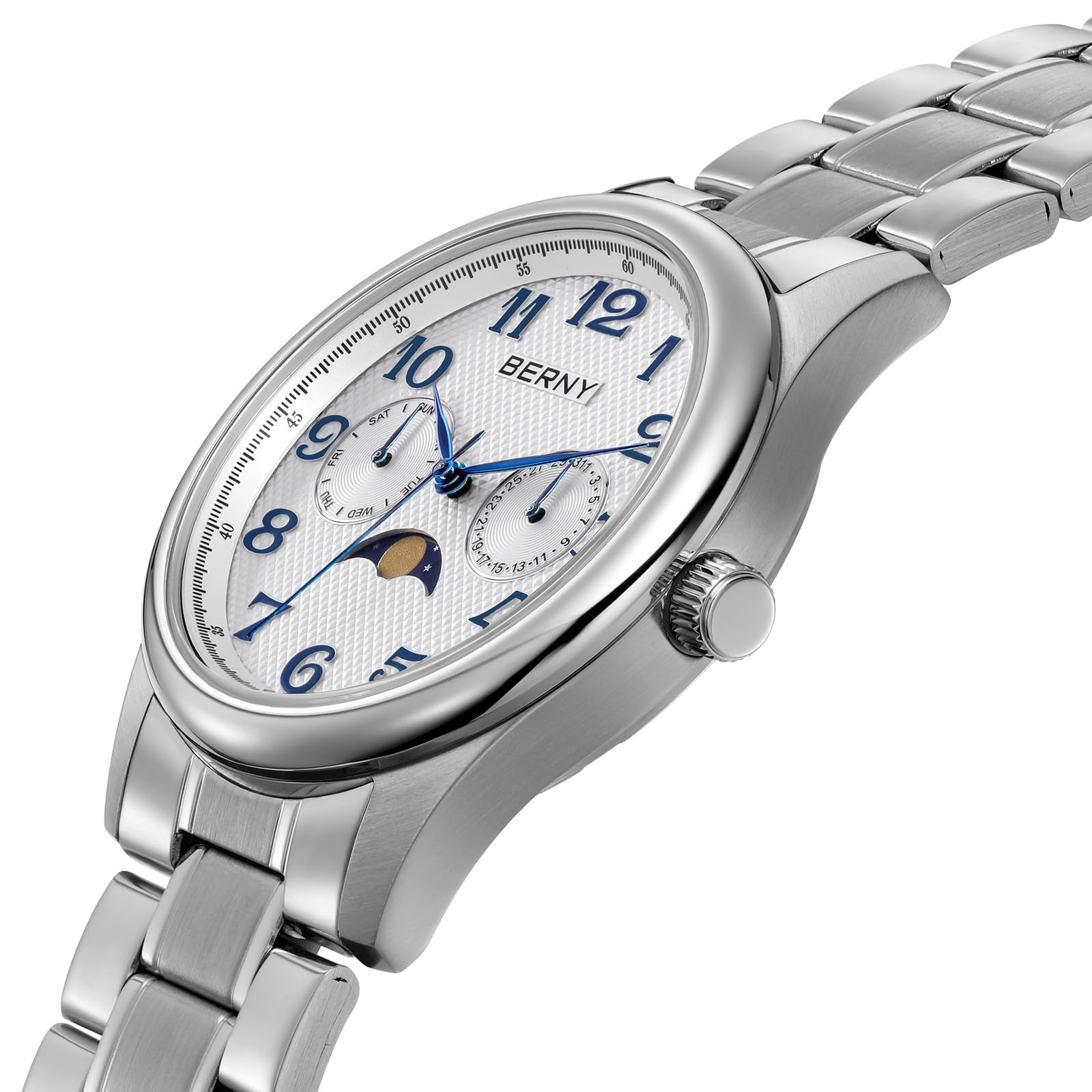 Berny Orologio Uomo Fase Lunare Bianco Acciaio