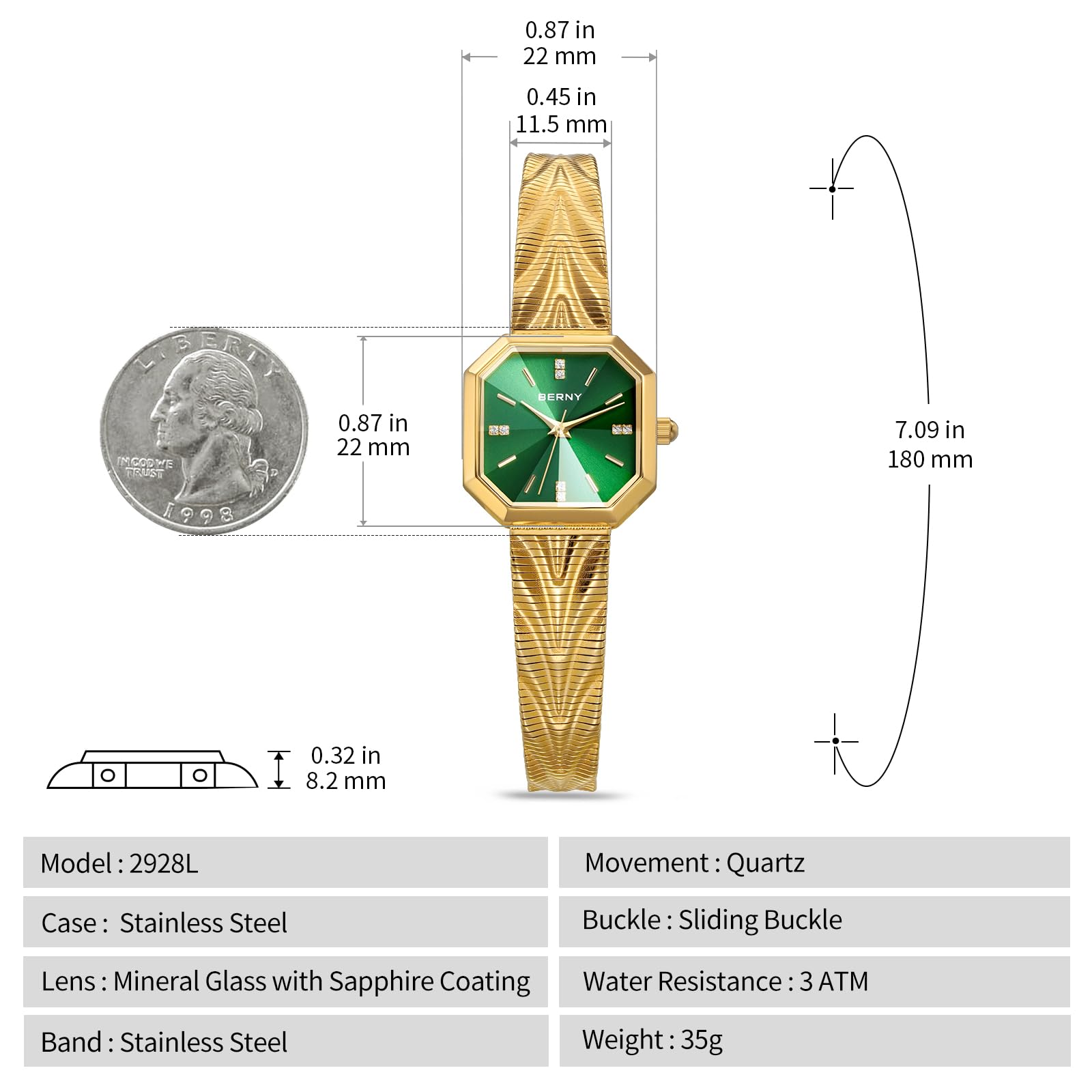 Berny Orologio Donna Quadrato Quarzo Verde Bracciale