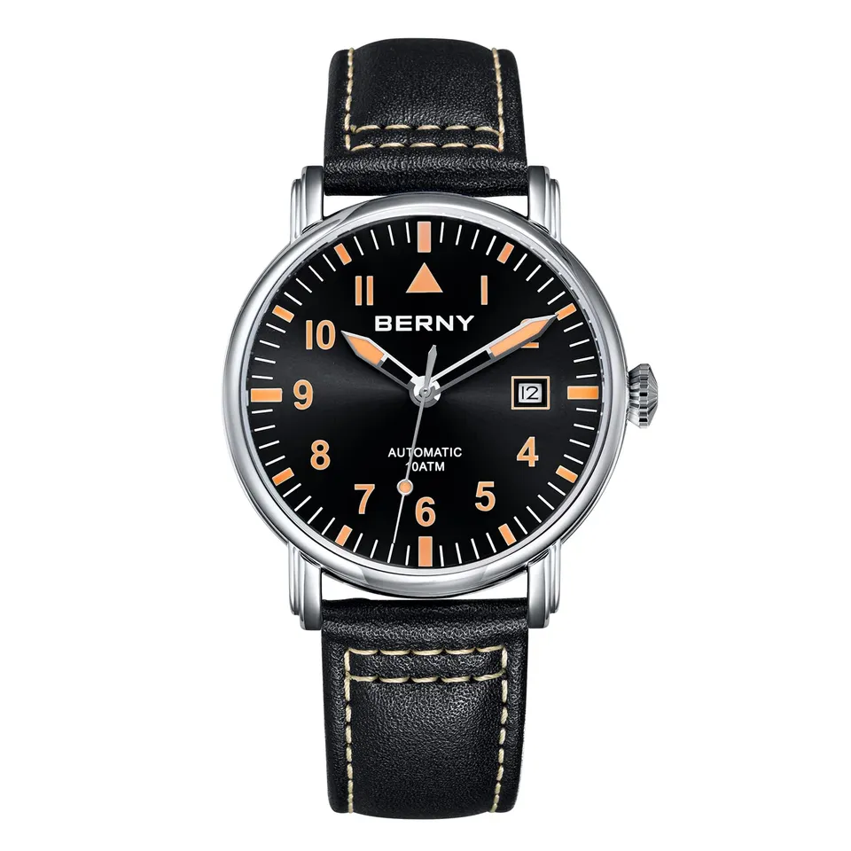 Berny Aviation orologio automatico uomo nero pelle