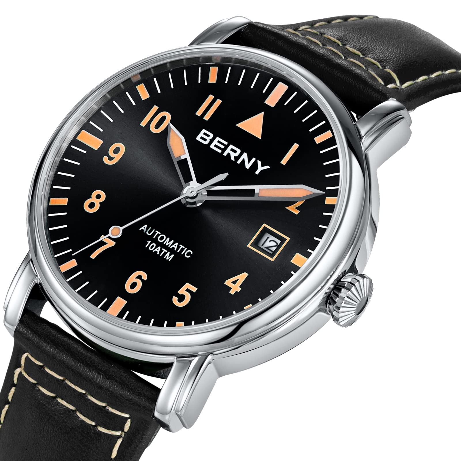 Berny Aviation orologio automatico uomo nero pelle
