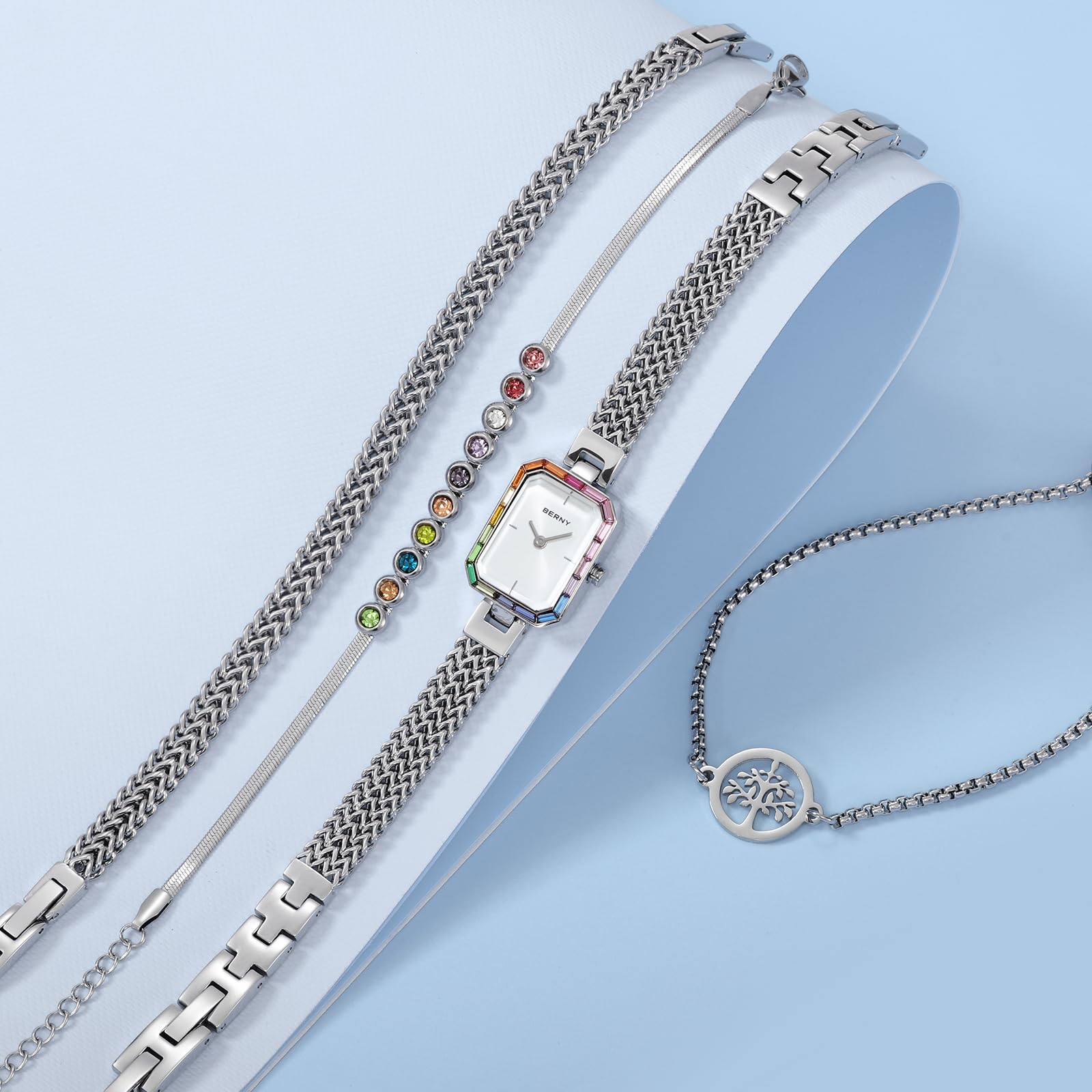 Berny Petite Orologio Donna Bracciale Bianco Pietre Set