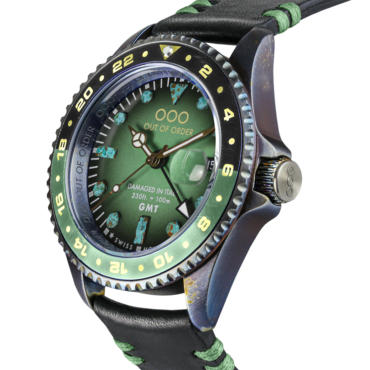 Out Of Order GMT New York Green orologio GMT 44 mm pelle