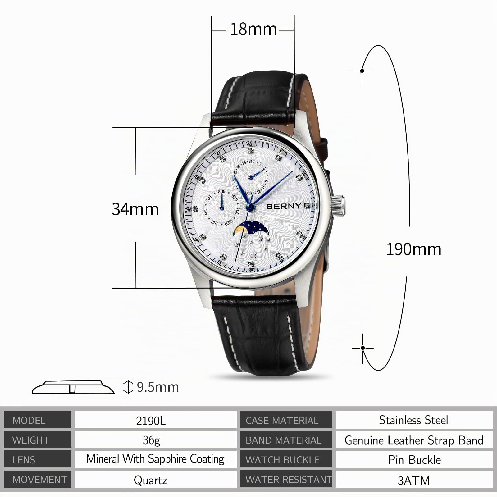 Berny orologio donna multifunzione pelle bianco fasi lunari
