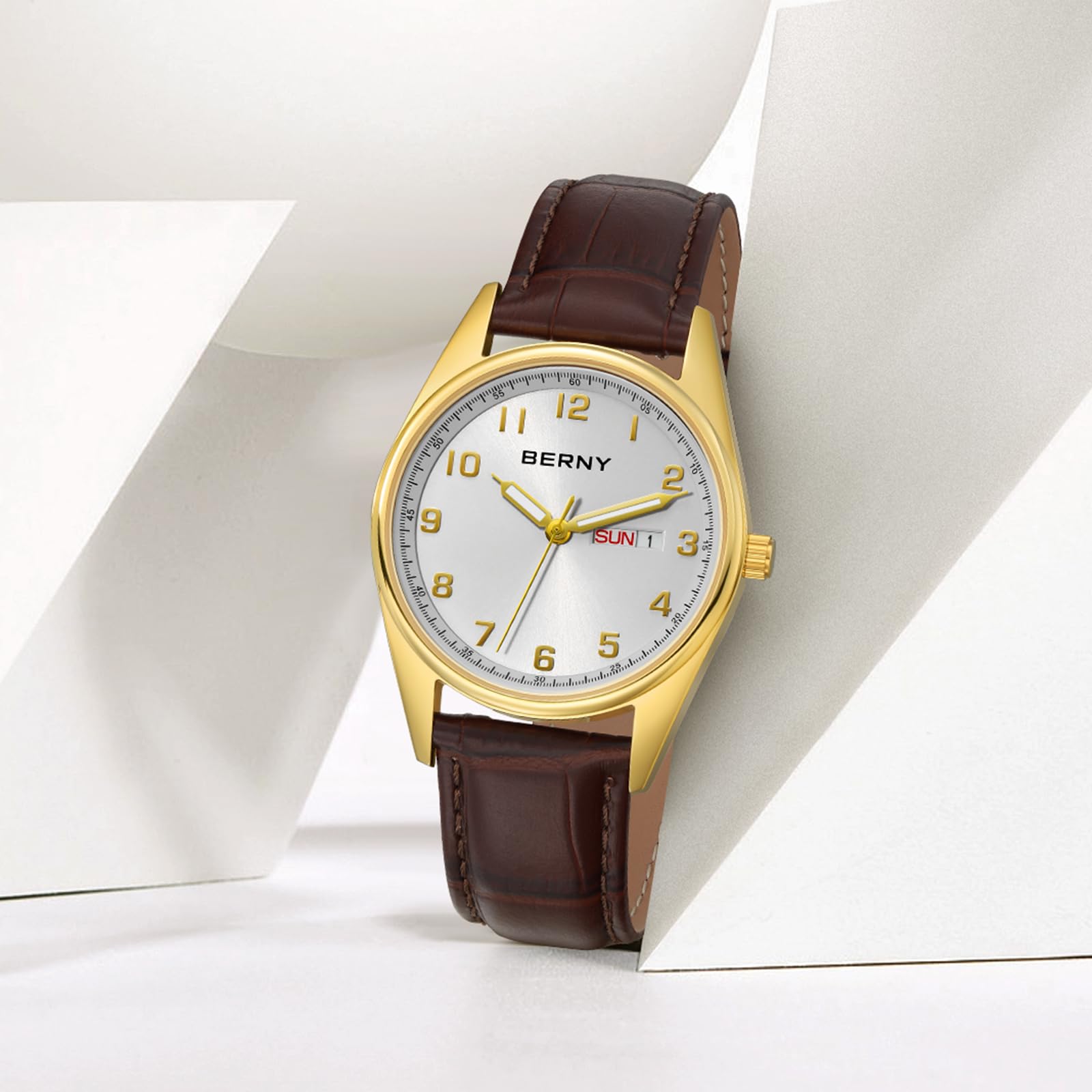 Berny orologio uomo quarzo oro-bianco numeri arabi 3D