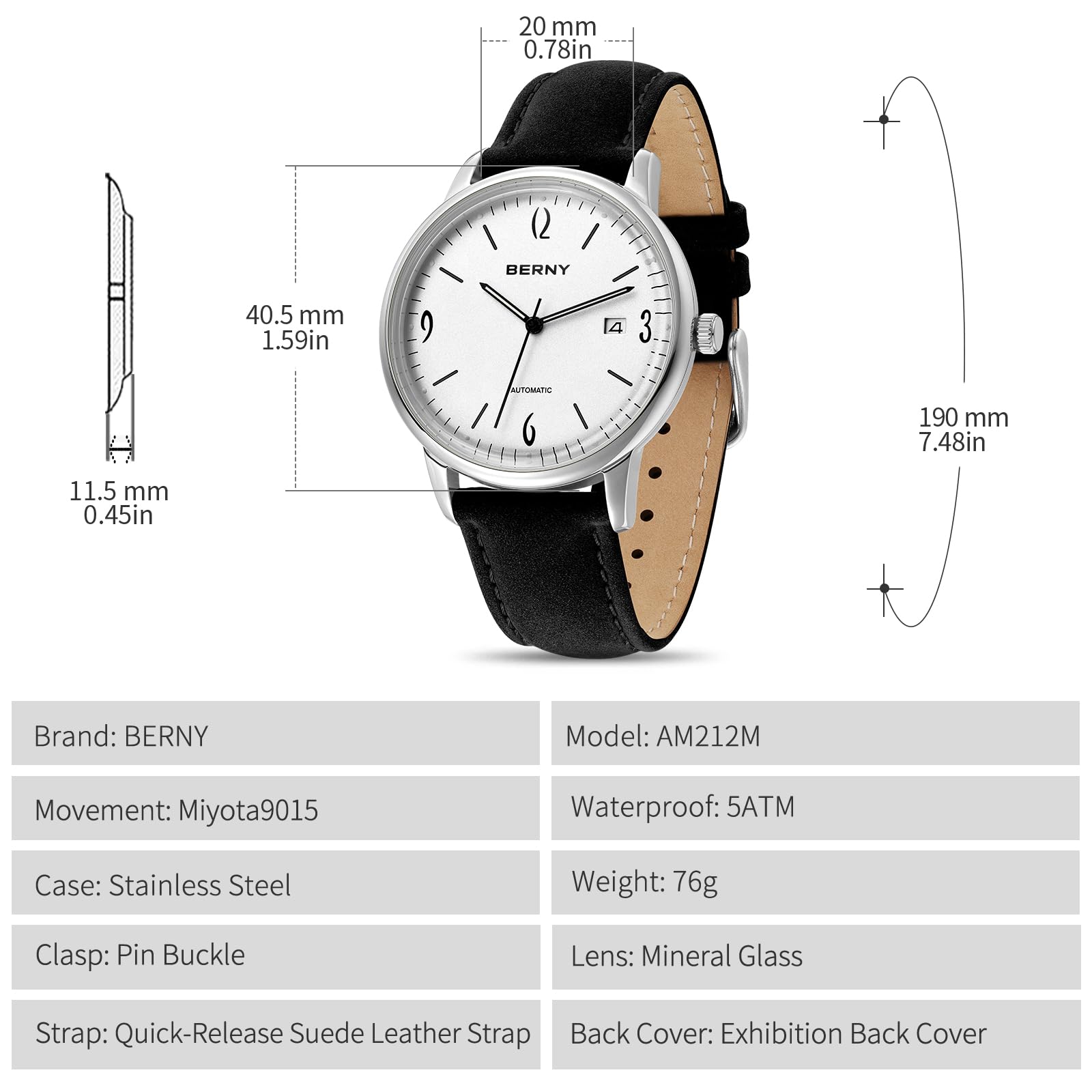 Berny Automatico orologio uomo bianco elegante