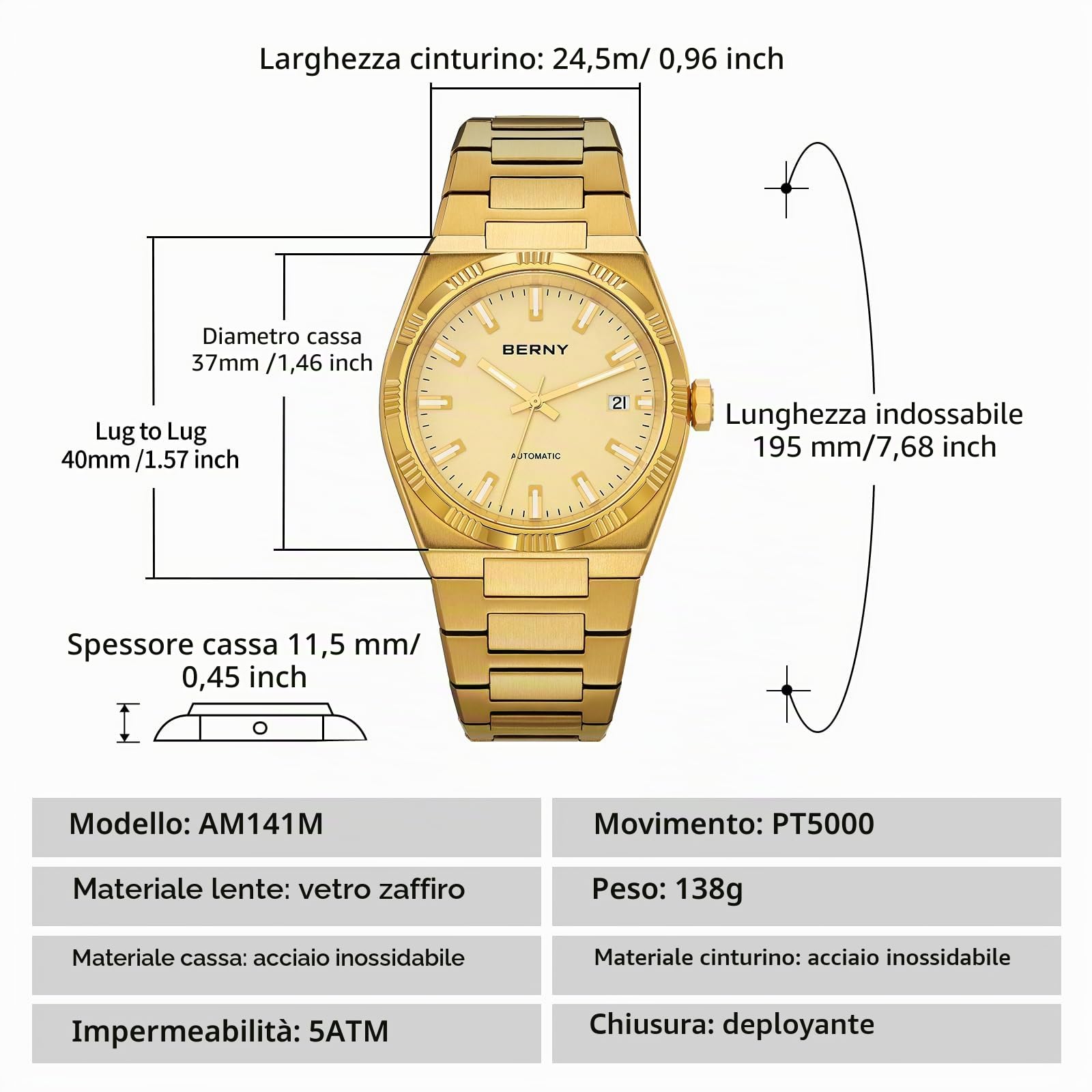 Berny AM053VM orologio automatico uomo oro 5ATM