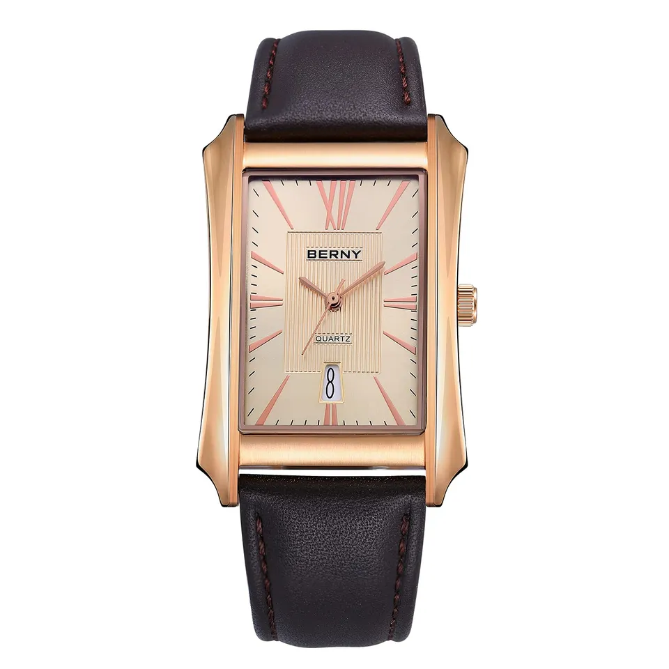 Berny Casual Orologio Uomo Nero Quarzo Pelle Rettangolare