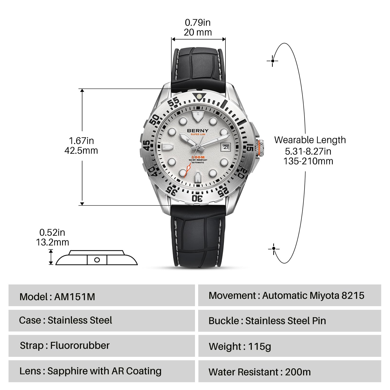 Berny Diver orologio automatico uomo bianco zaffiro 200M