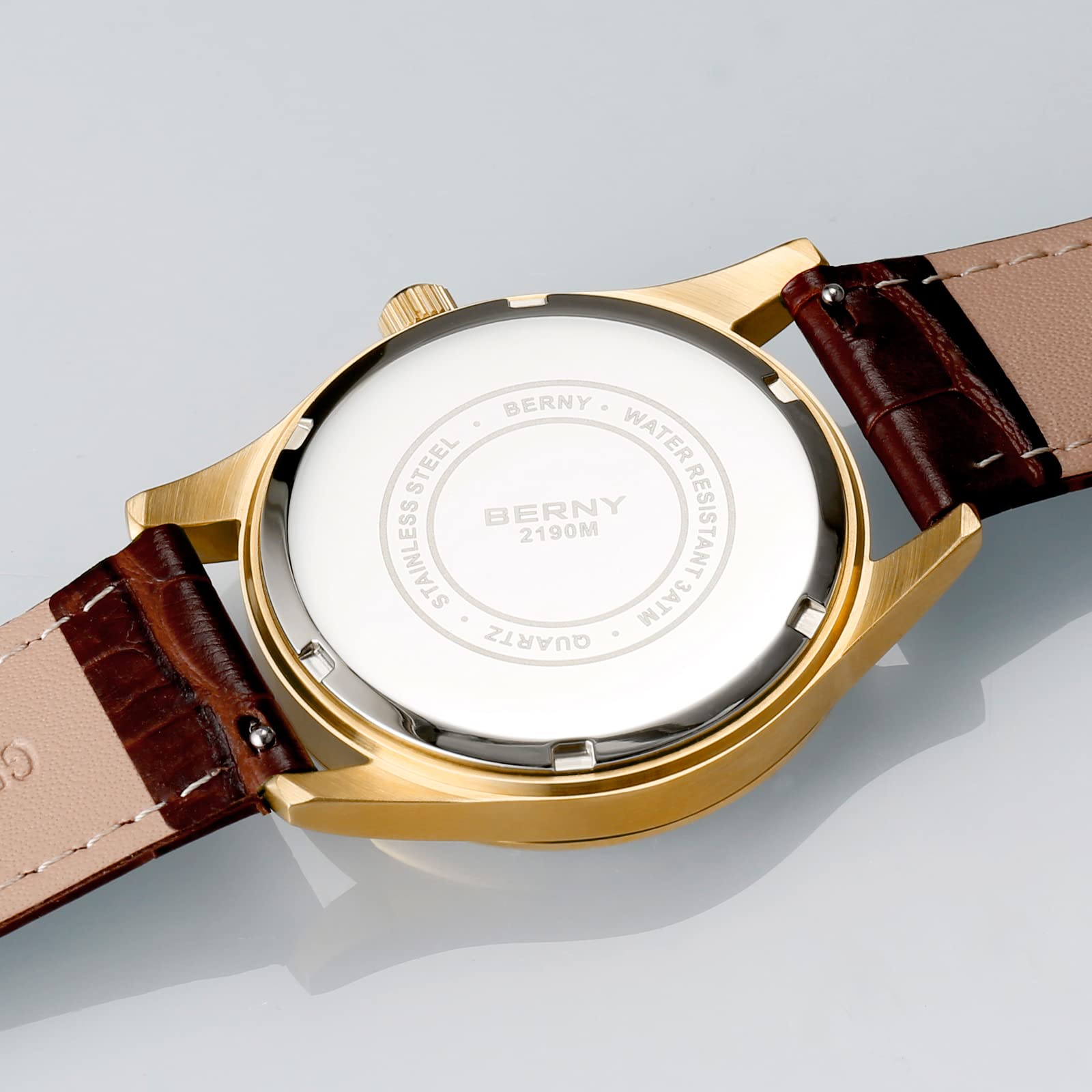 Berny Orologio da Polso Uomo Bianco Oro Pelle 38 mm