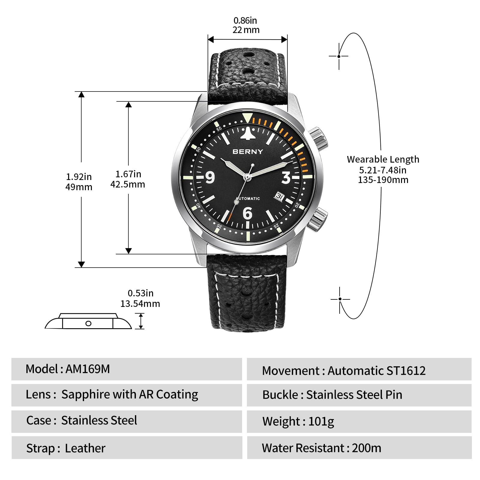 Berny Aviation orologio automatico uomo nero ST1612 pilota