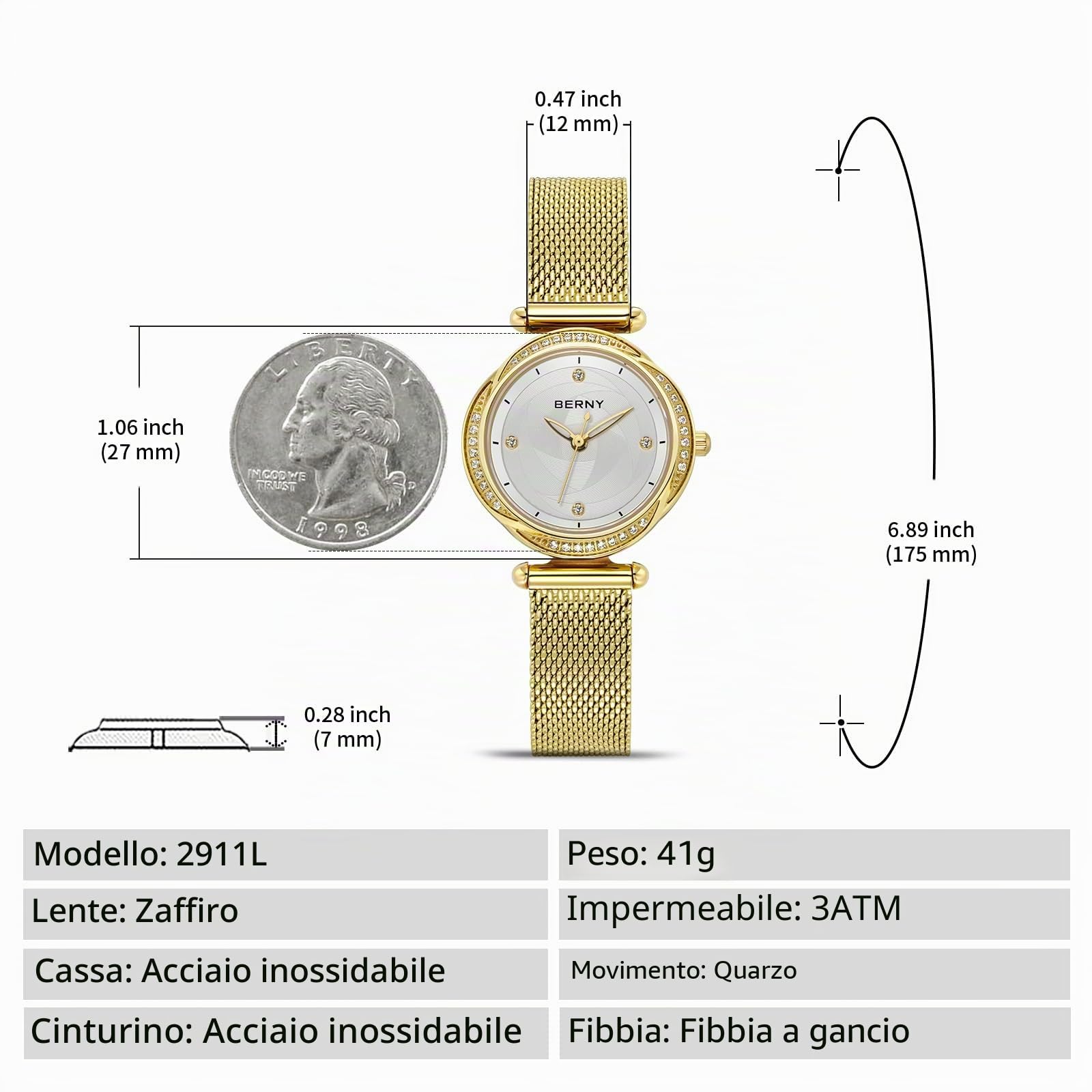 Berny Orologio Donna Quarzo Oro Maglia Mesh