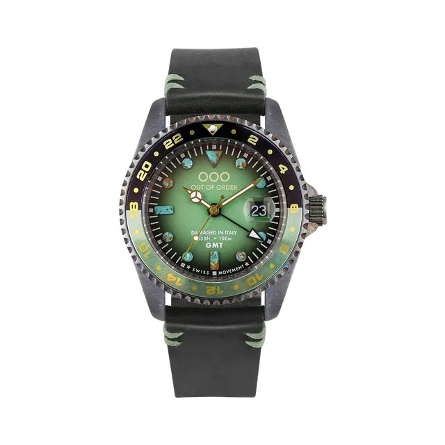 Out Of Order GMT New York Green orologio GMT 44 mm pelle