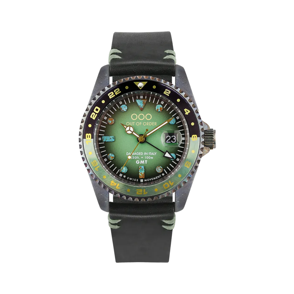 Out Of Order GMT New York Green orologio GMT 44 mm pelle