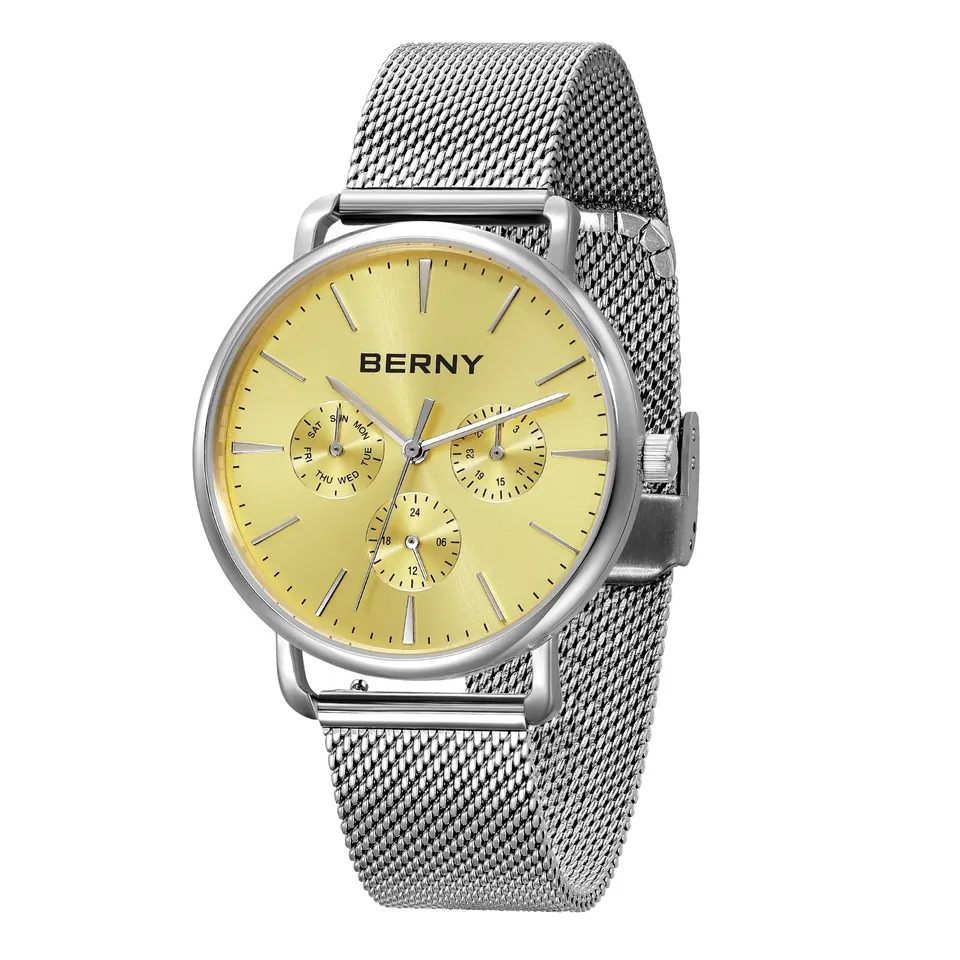 Berny orologio al quarzo mesh oro impermeabile