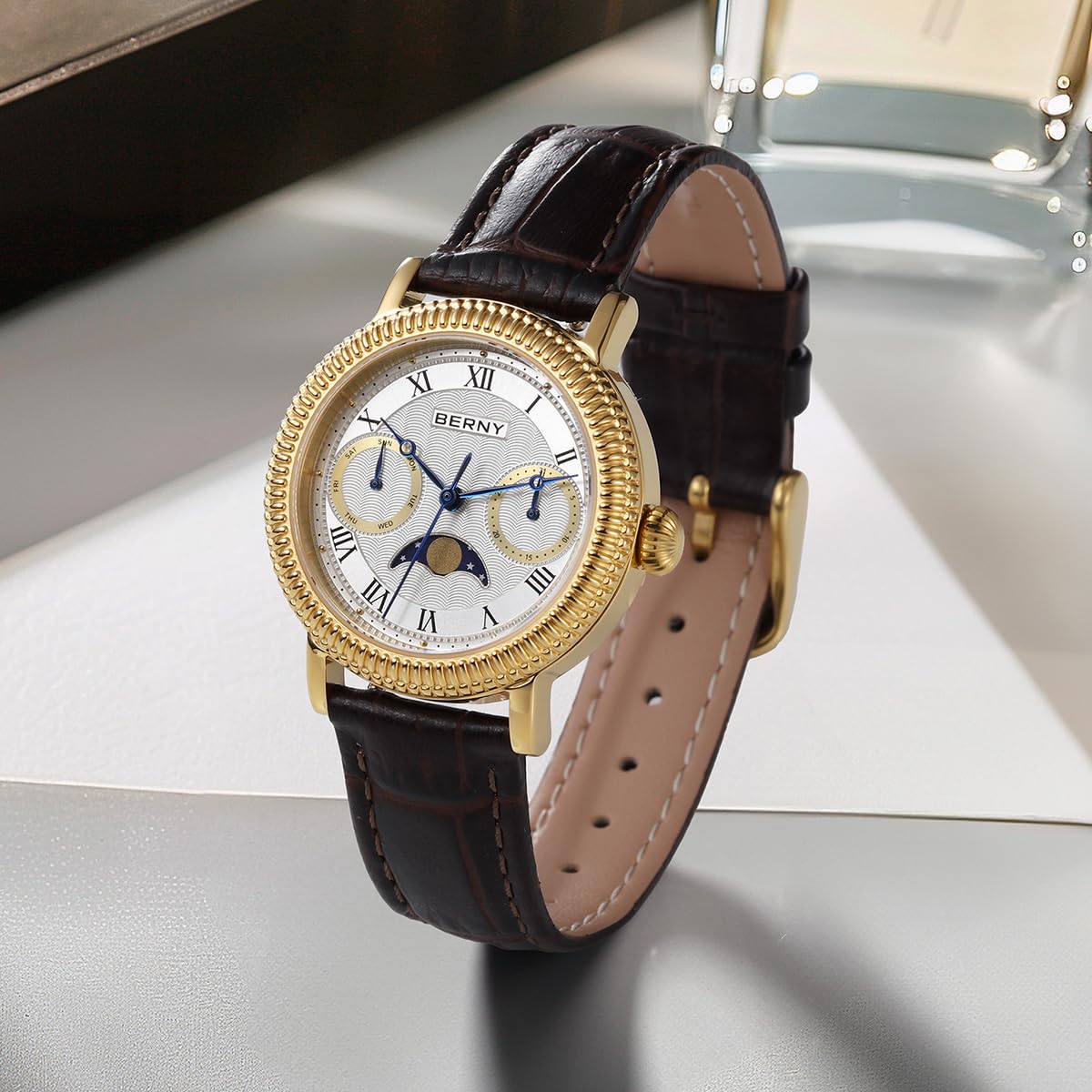 Berny Orologio Donna Fasi Lunari Oro e Bianco Pelle