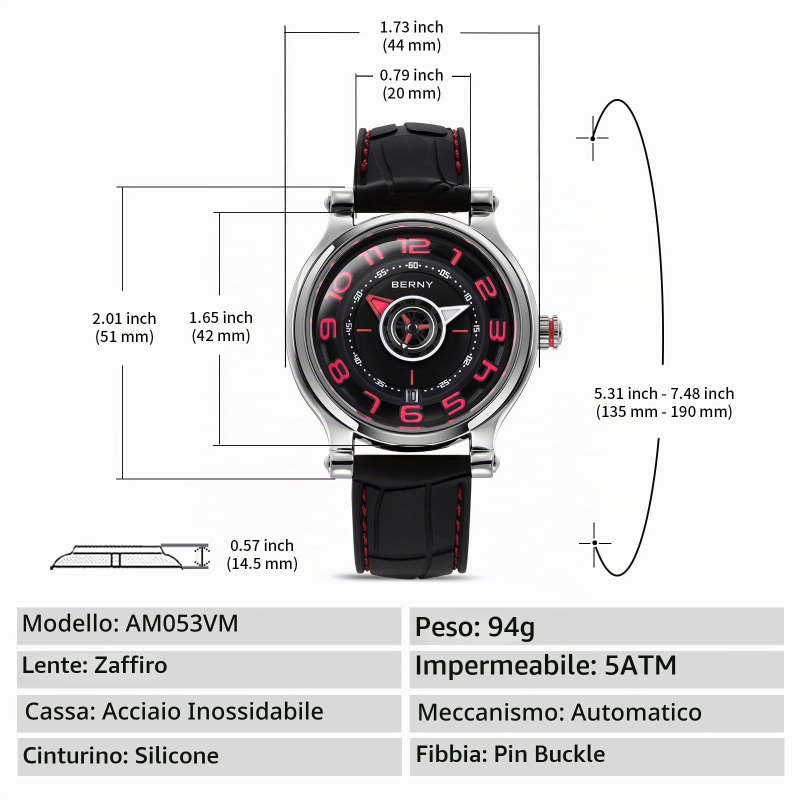 Berny AM053VM Orologio Uomo Automatico Argento Rosso