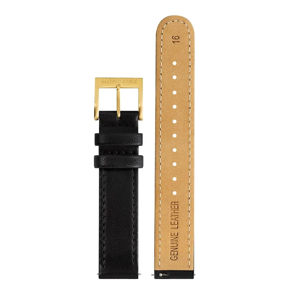 Mondaine Cinturino pelle nero fibbia oro 16mm