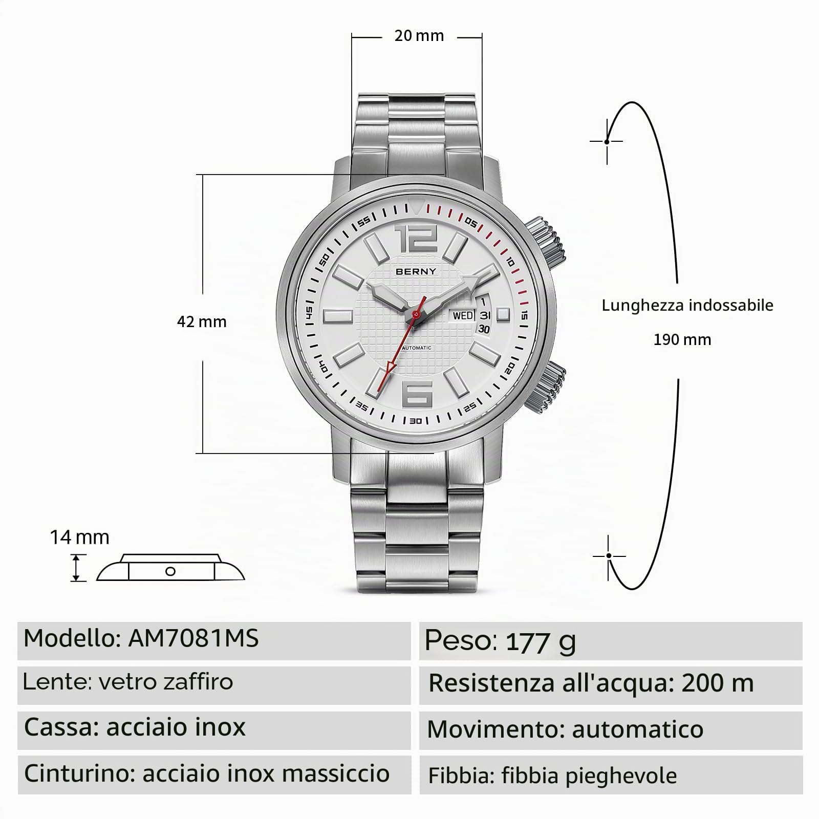 Berny Diver orologio automatico uomo bianco 20ATM