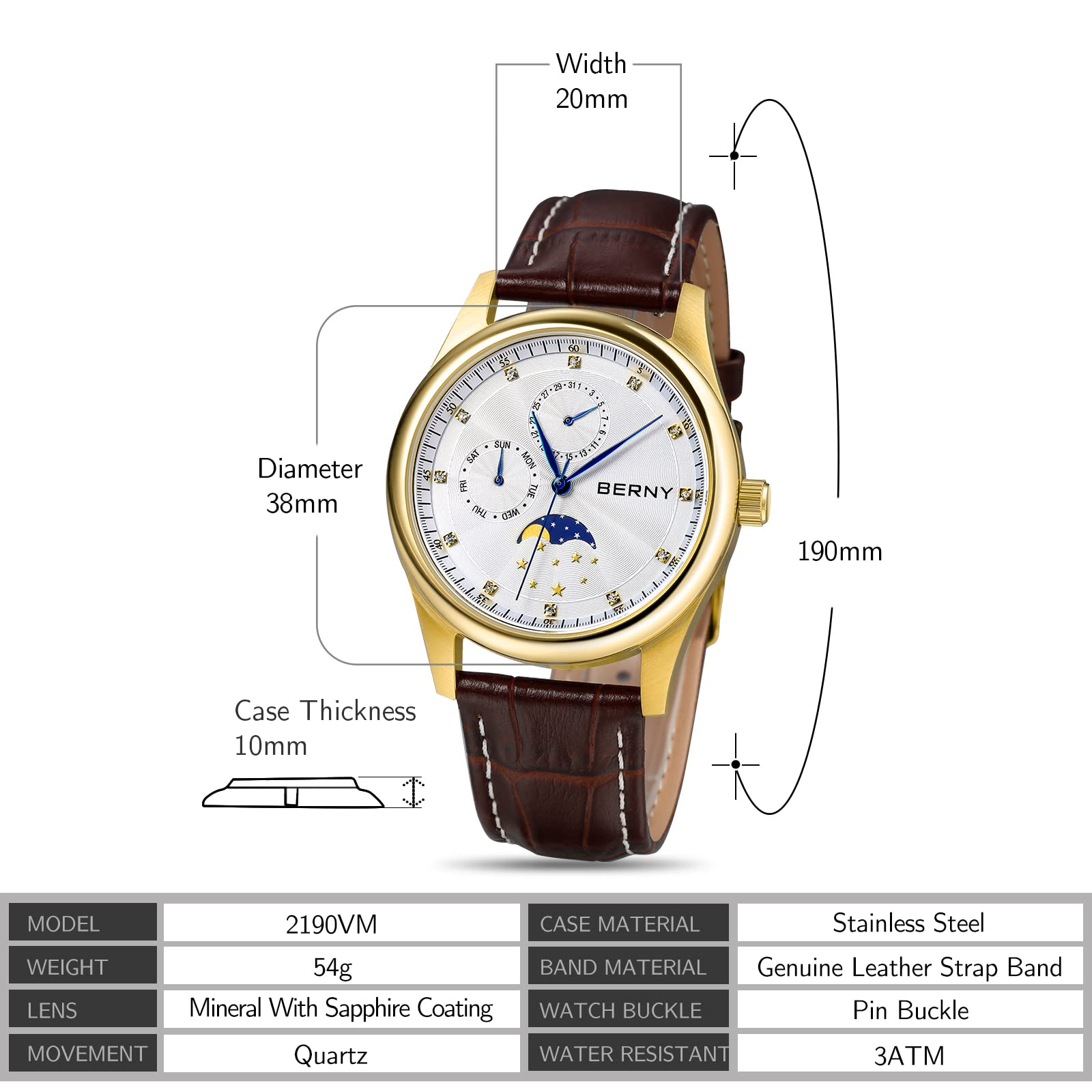 Berny Orologio da Polso Uomo Bianco Oro Pelle 38 mm
