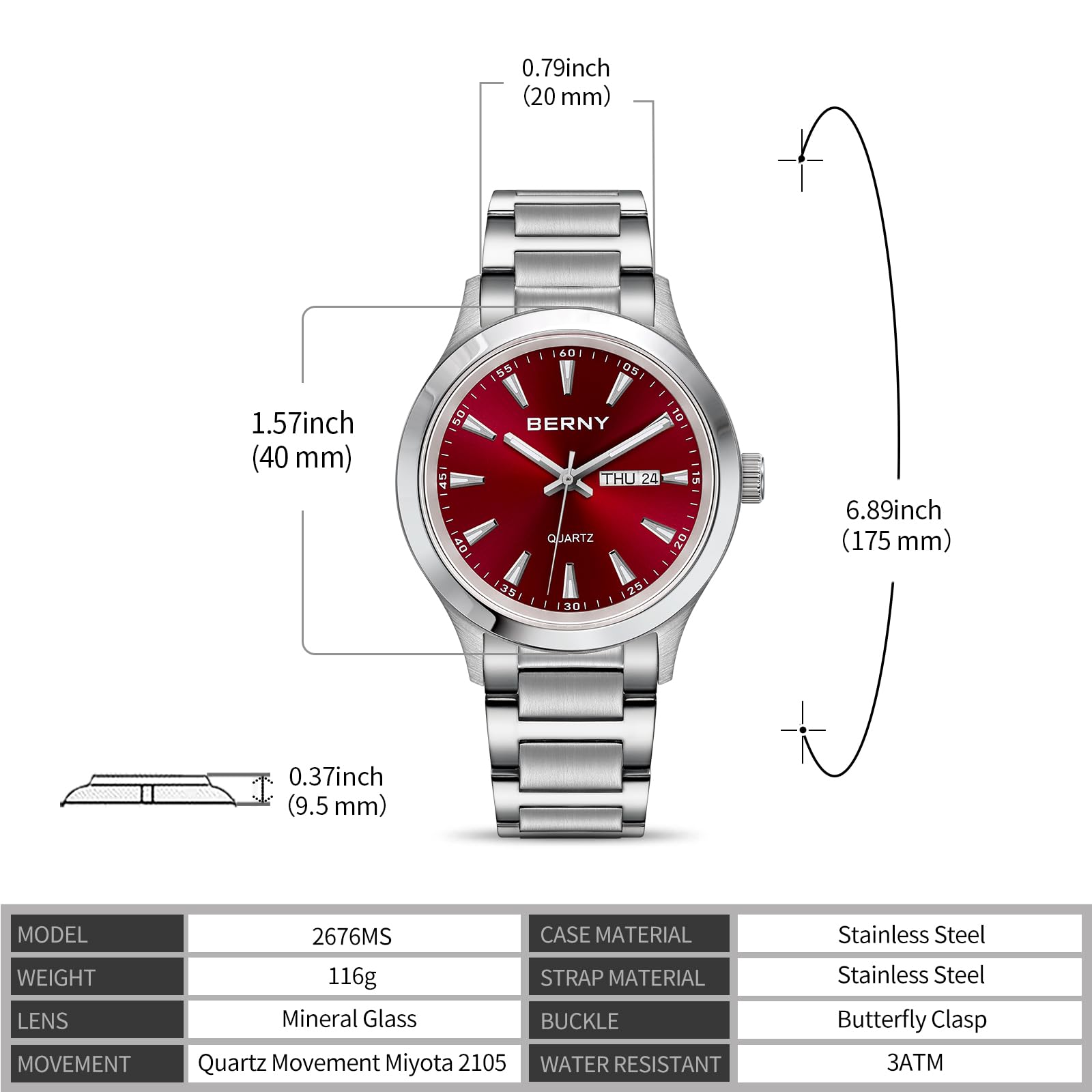 Berny Orologio da Polso Quarzo Acciaio Rosso Sportivo