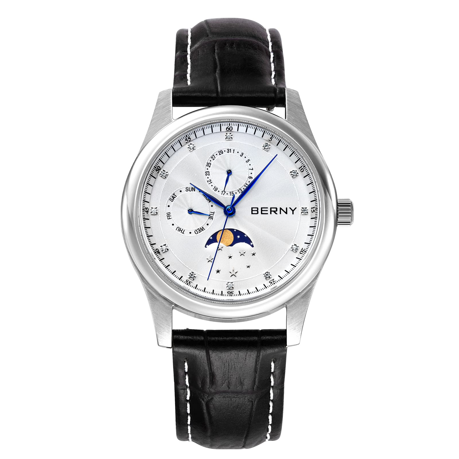 Berny Orologio da Polso Uomo Bianco Oro Pelle 38 mm