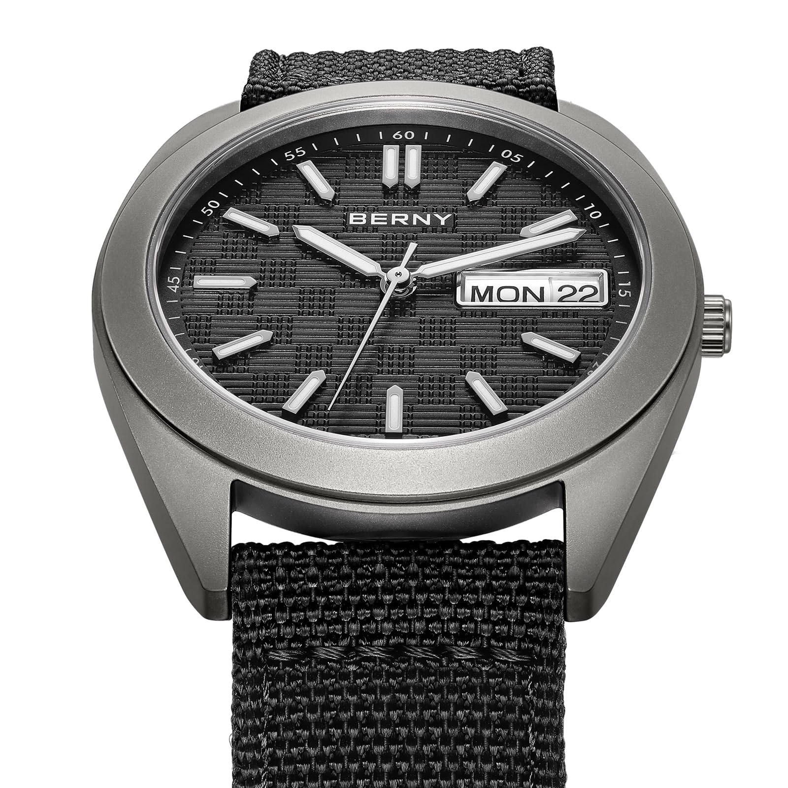 Berny Titanio Orologio Uomo Tela Nero 10ATM Luminoso