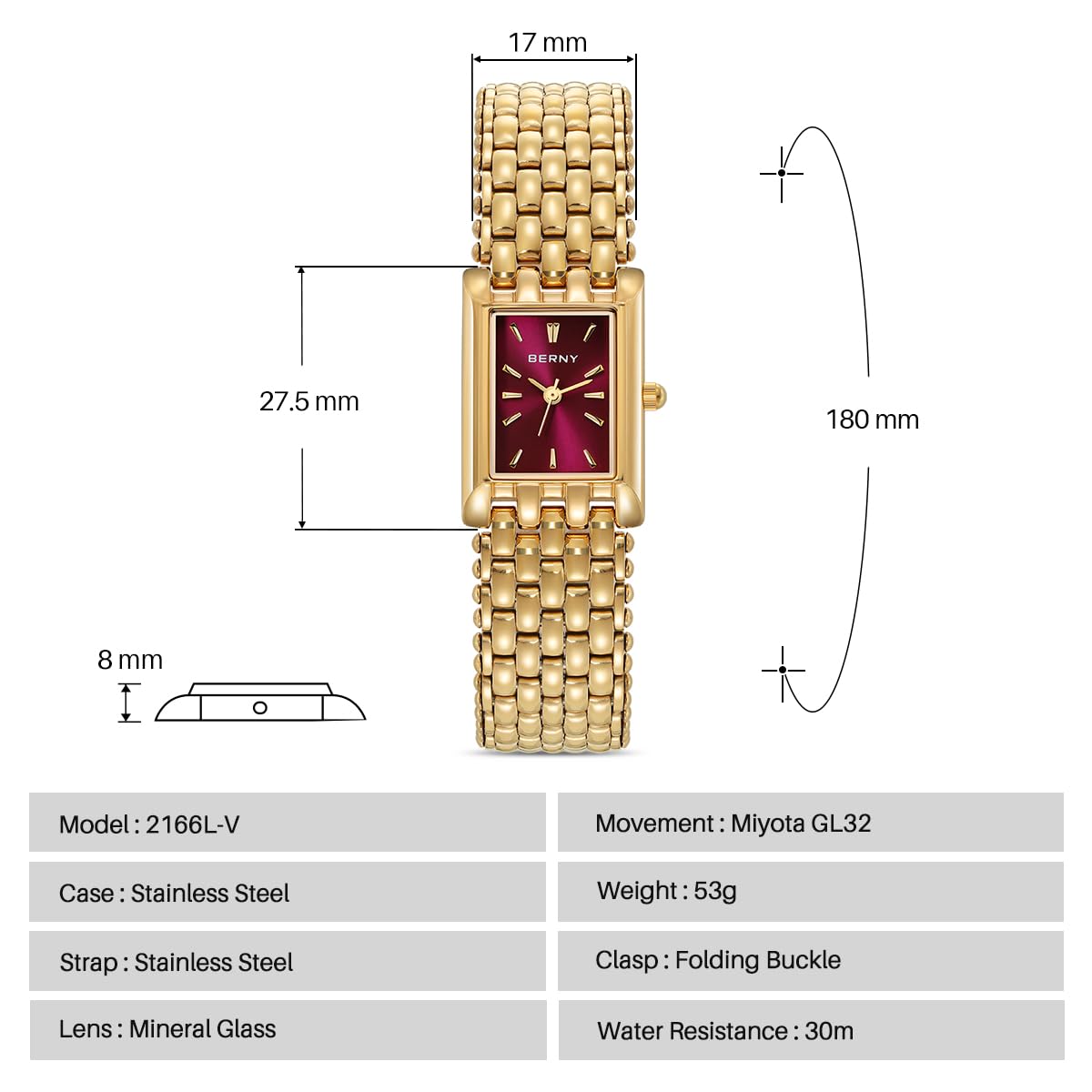 Berny Gold Orologio Donna Rosso Rettangolare