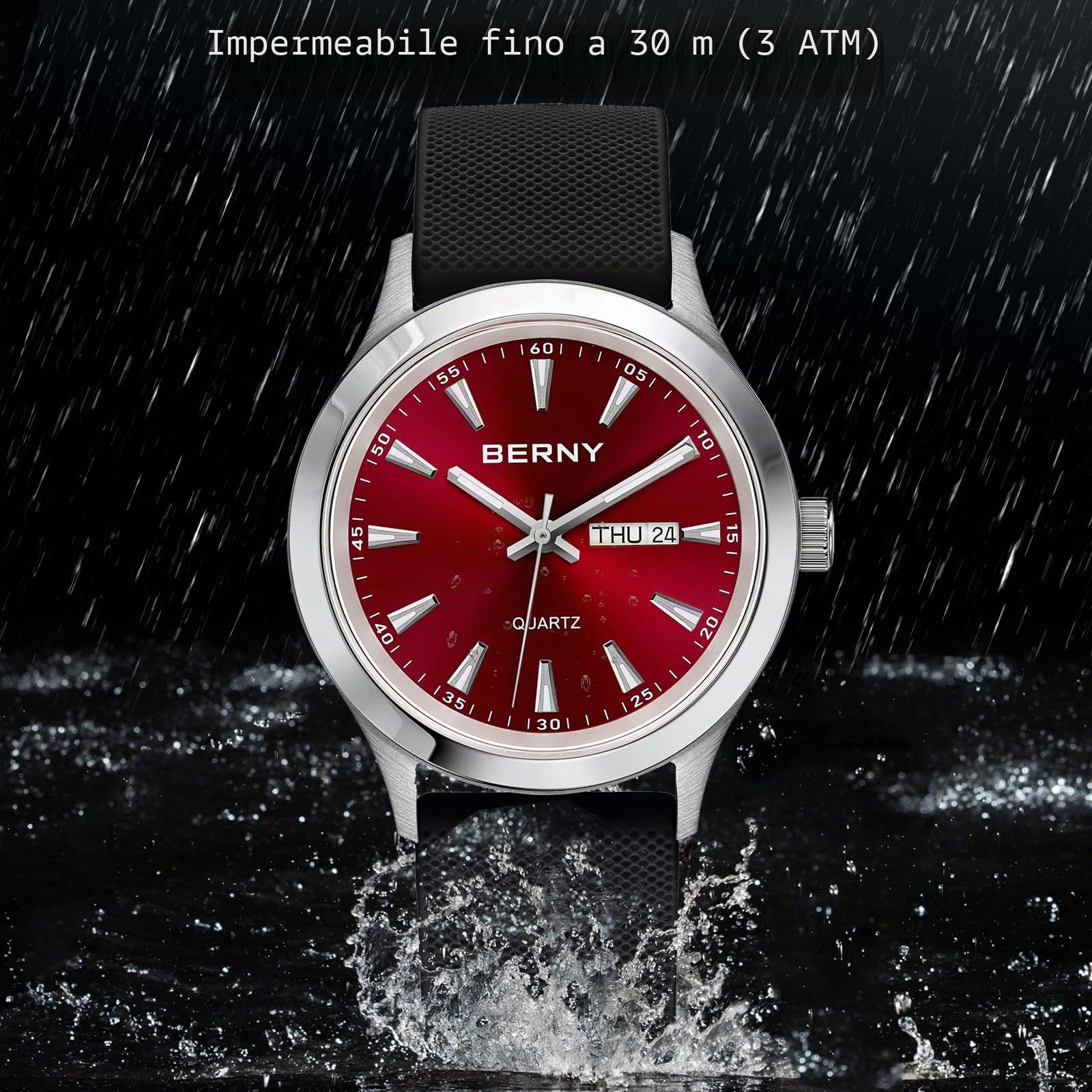 Berny orologio quarzo uomo Miyota 2105 silicone rosso
