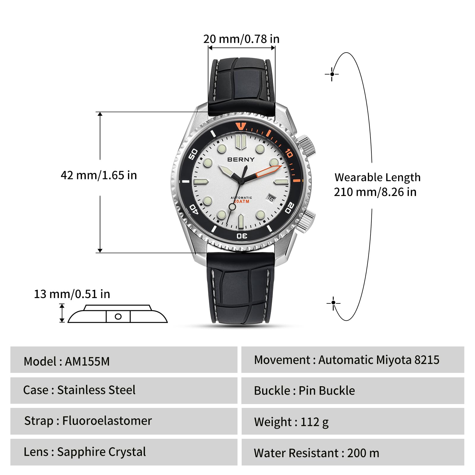 Berny Diver Miyota 8215 orologio automatico bianco