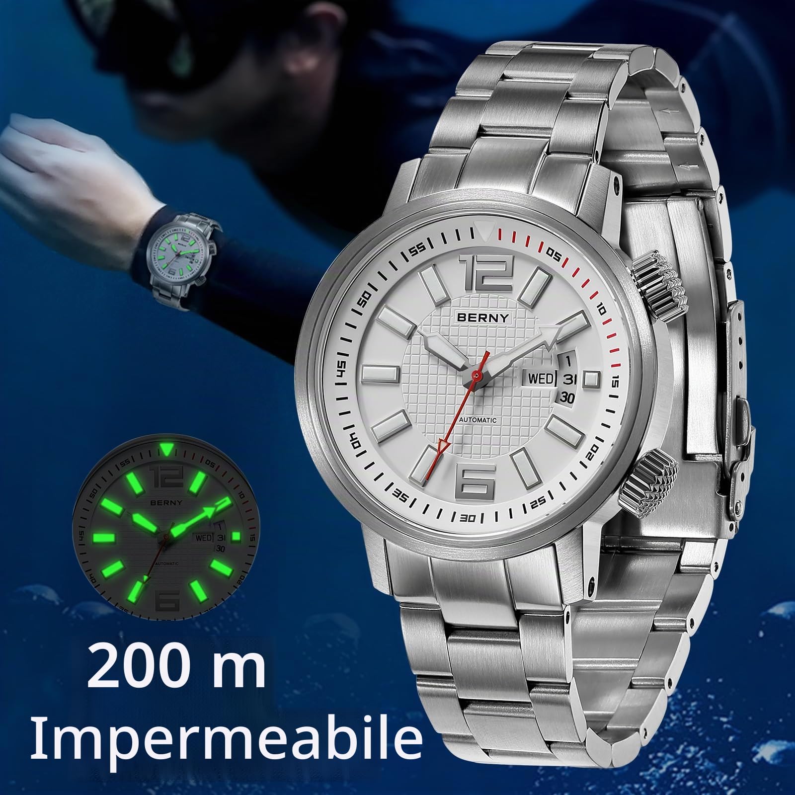 Berny Diver orologio automatico uomo bianco 20ATM