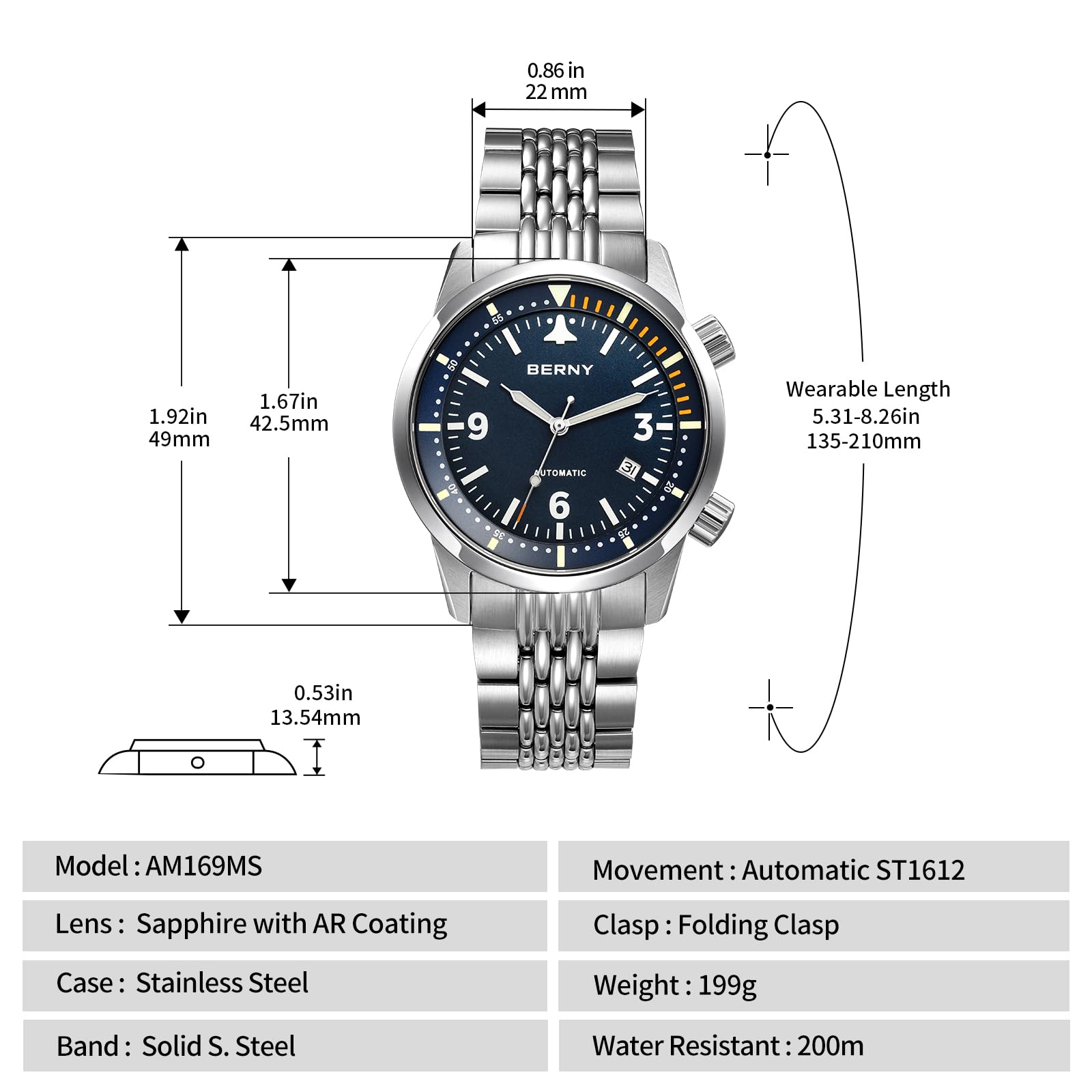 Berny Aviation ST1612 orologio automatico blu